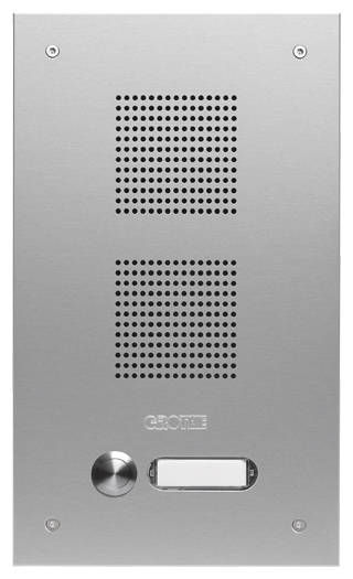 ROBUSTA Aluminium-Türstation mit einem Namensschild und Klingelknopf; darüber ist das Lautsprechergitter zu sehen