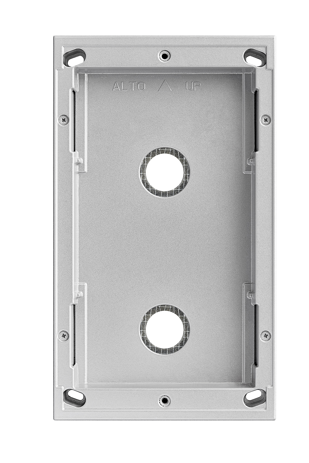 Graues Aufputzgehäuse für zwei Moduleinheiten, rechteckige Form mit zwei Kabelöffnungen und vier Befestigungspunkten.