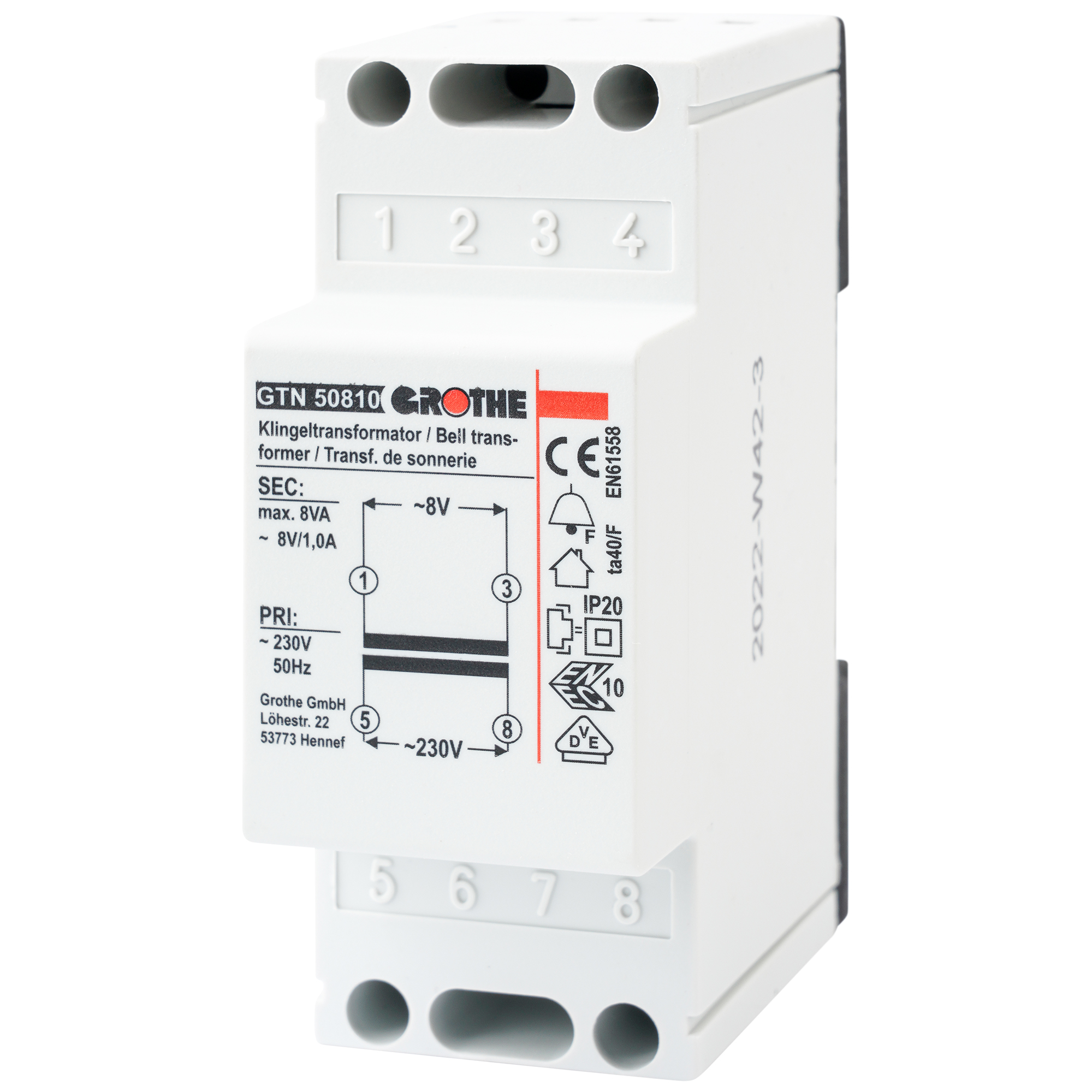 Weißer Grothe Klingeltransformator GTN 50810 mit schwarzer Schaltgrafik, Klemmenfelder oben und unten sichtba