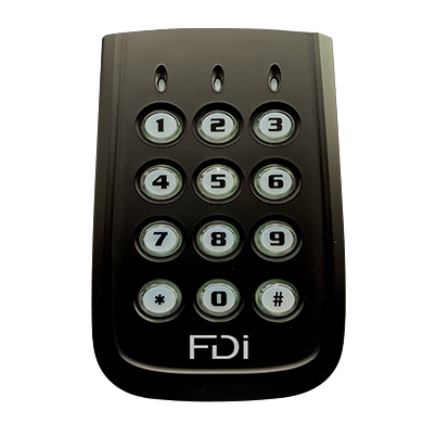 Schwarzes FDI-Lesegerät mit 12-Tasten-Tastatur, beleuchteten Ziffern und kompaktem Design zur Zutrittskontrolle.