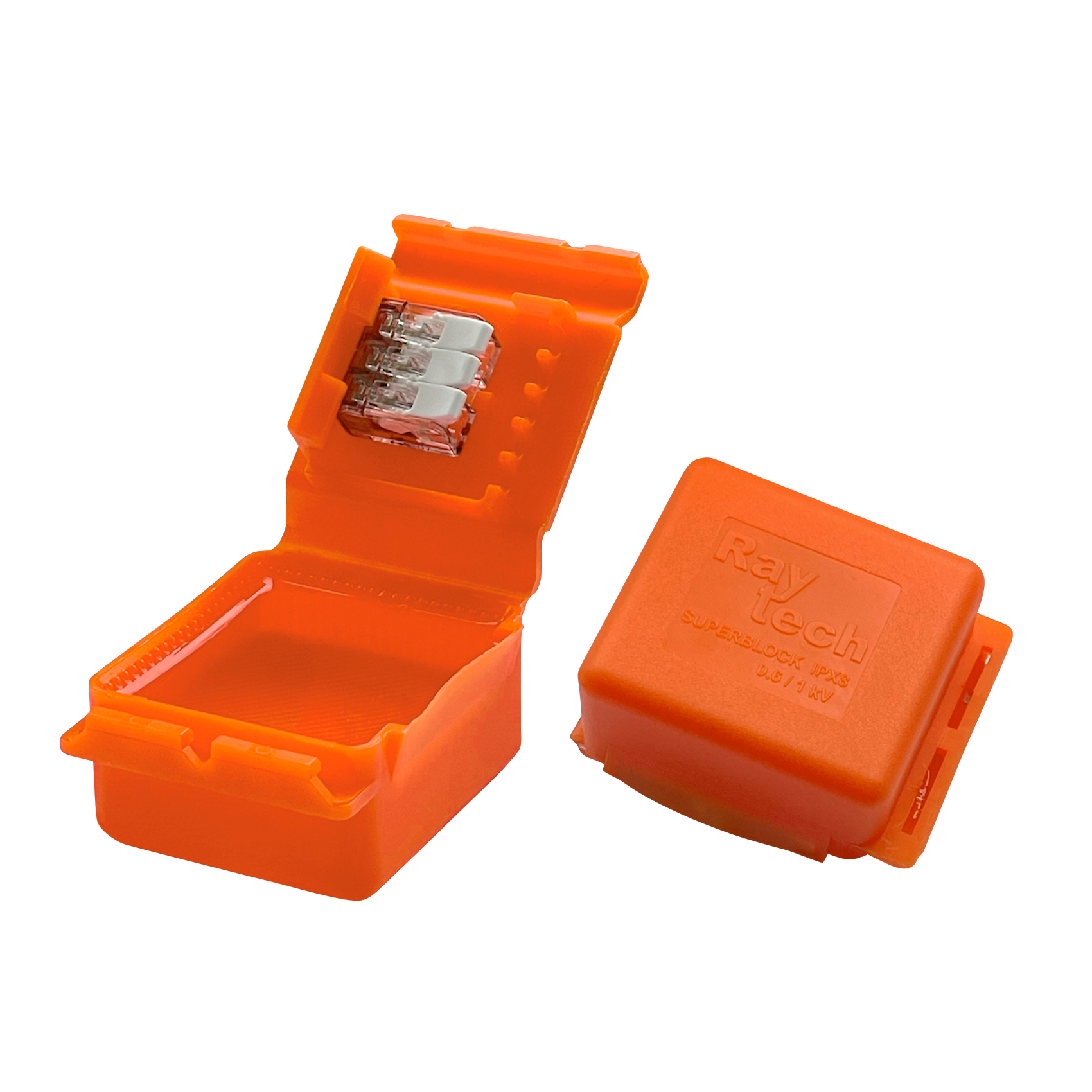 Orangefarbene Mikro-Verbindungsdose, gefüllt mit Gel, einmal geöffnet, einmal geschlossen abgebildet