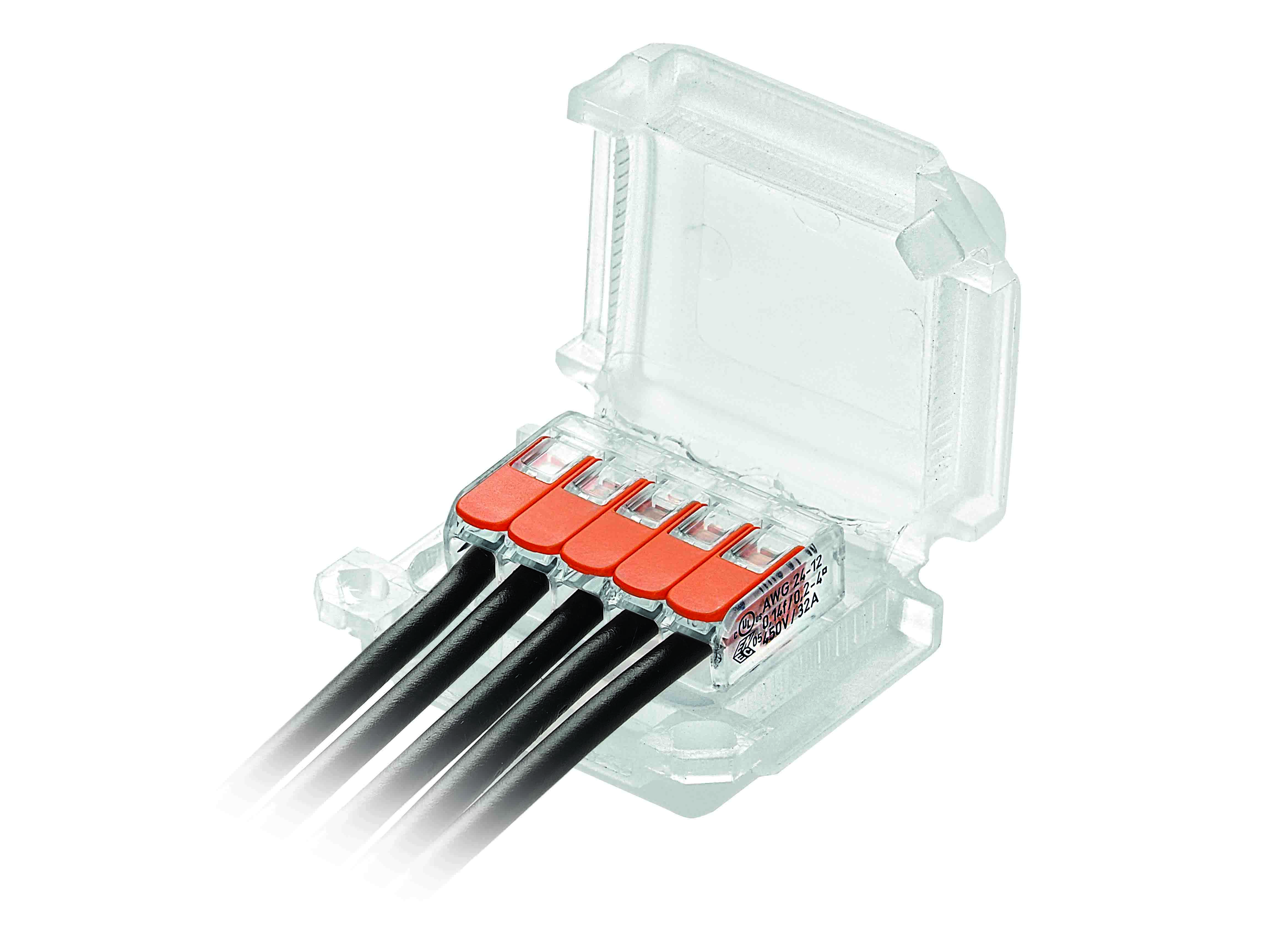 Transparente Mikro-Verbindungsmuffe, mit Gel gefüllt und halb geöffnet, in der ein Block mit 5 Verbindungsklemmen und Kabeln liegt.