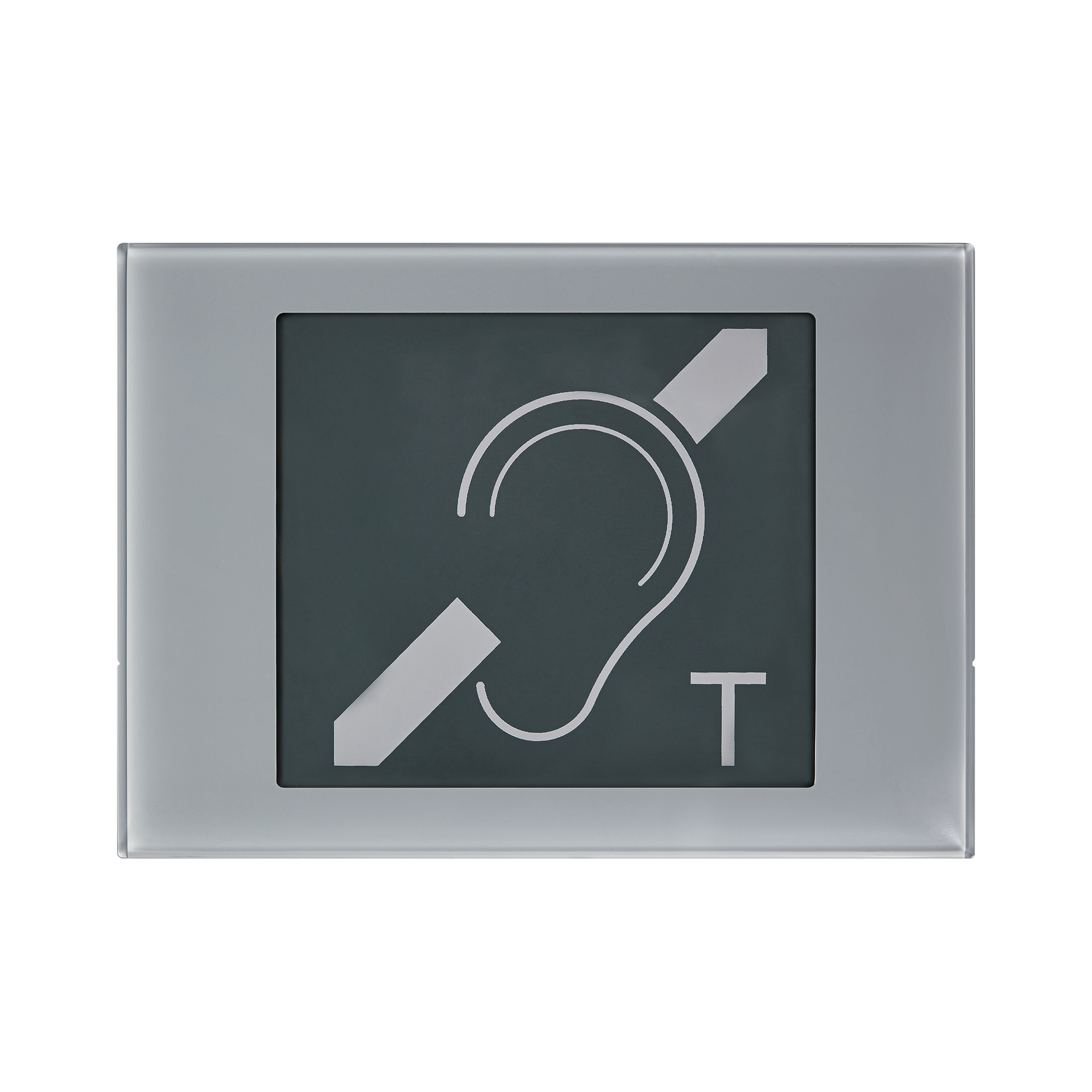 Graues Hörverstärker-Modul mit großem Symbol eines Ohres, Schrägstrich und Buchstabe T.