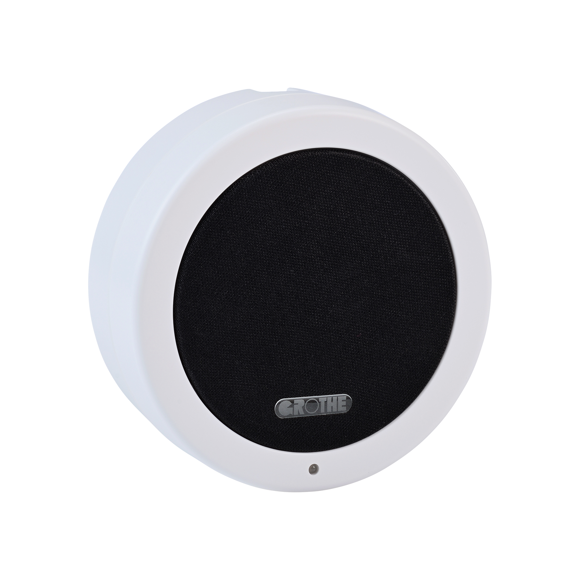 Runder Funkgong mit weißem Gehäuse, schwarzer Lautsprecherabdeckung und Grothe-Logo, leicht schräg von vorne gezeigt.