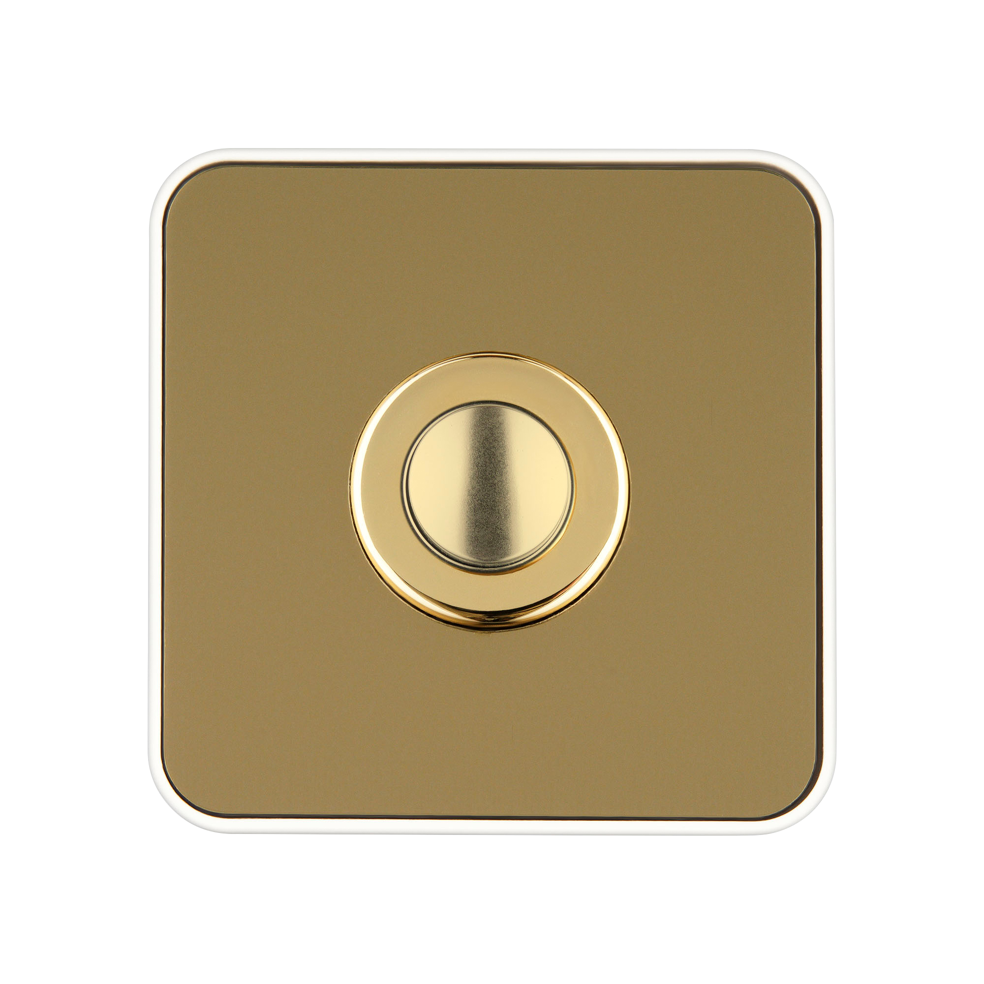Quadratische Klingelplatte in Messingoptik mit mittigem goldfarbenem Drucktaster, weißer Rahmen, glänzende Frontansicht.