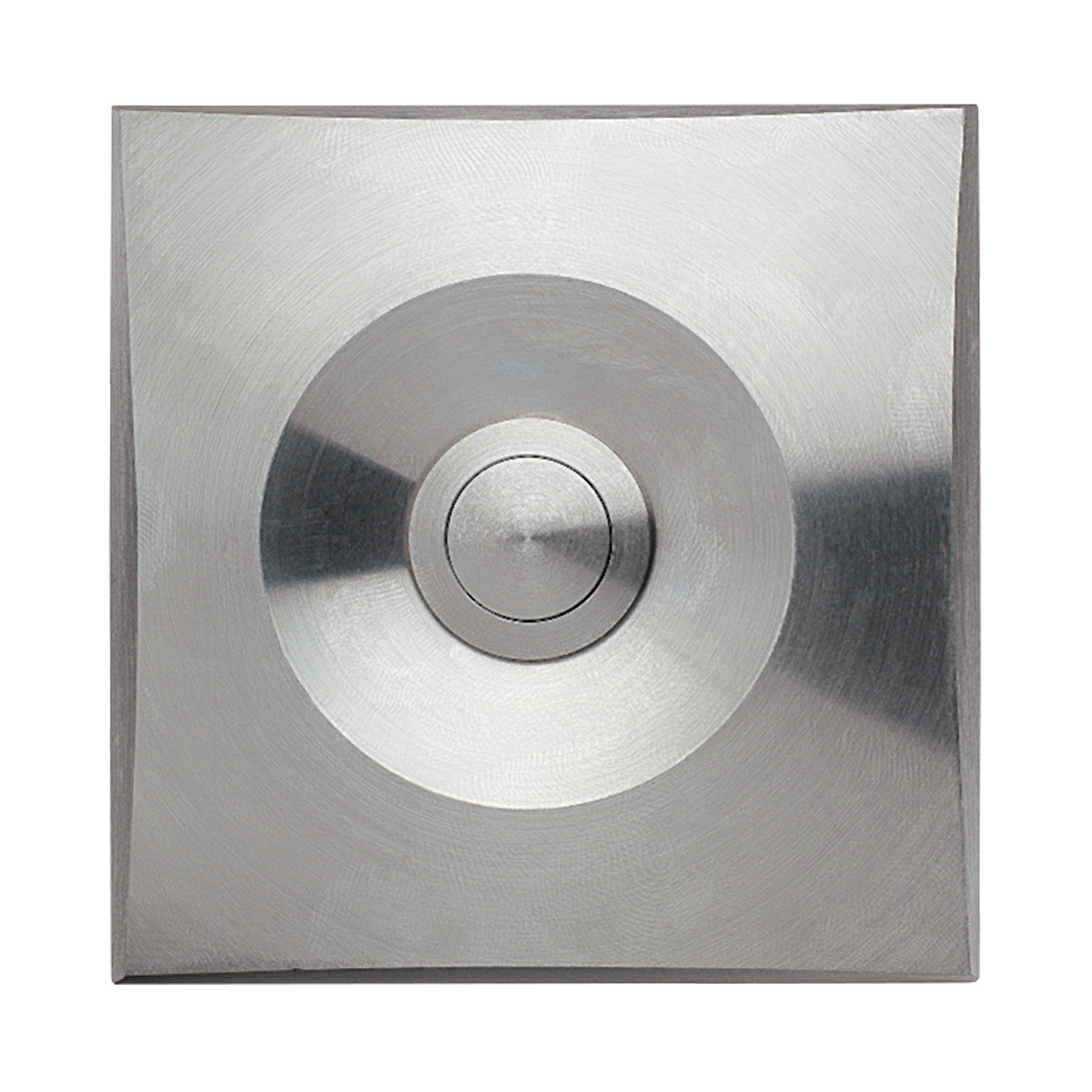 Quadratischer Klingeltaster aus Edelstahl mit gebürsteter Oberfläche und zentrischem Druckknopf, frontal aufgenommen.