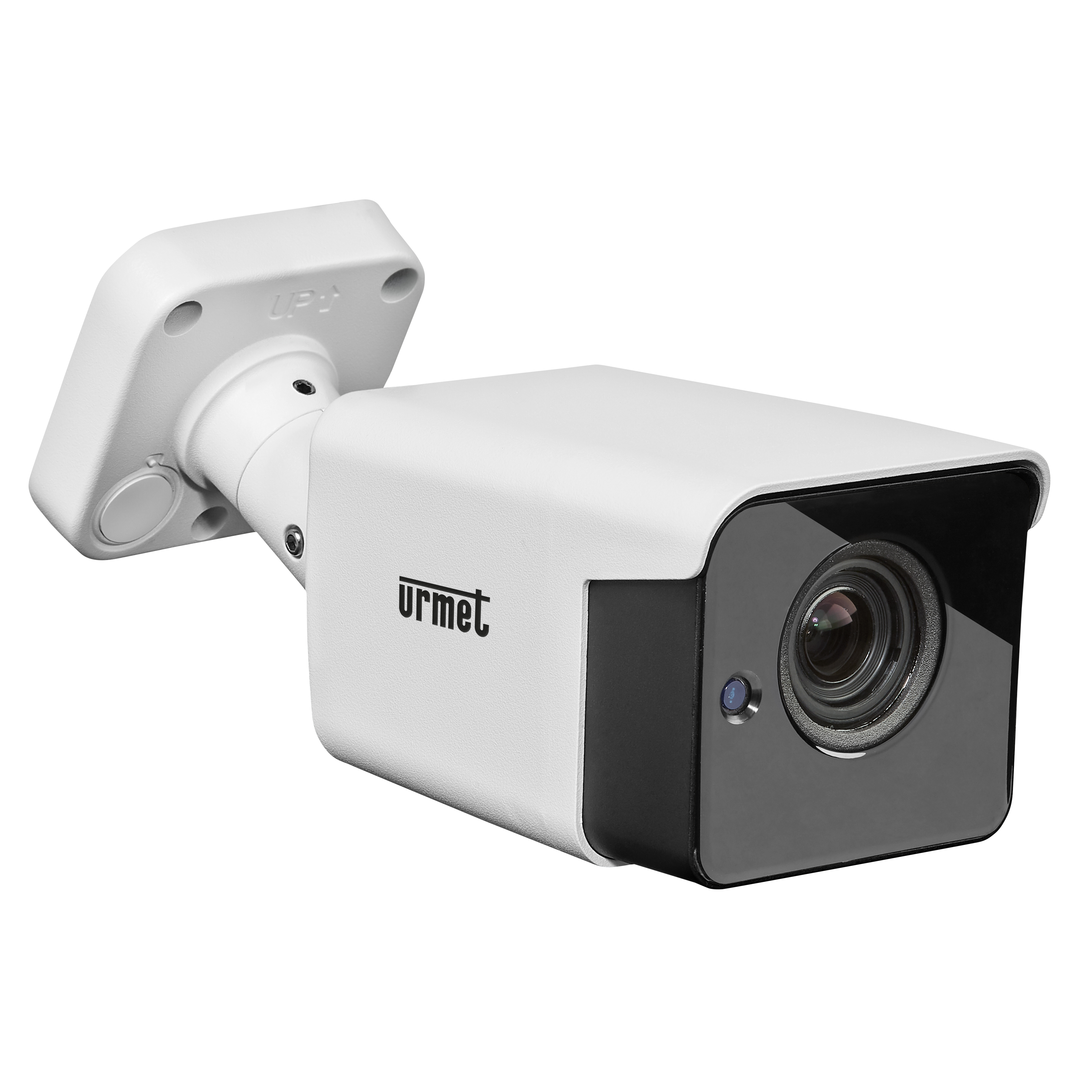 Rechteckige Urmet Bullet-Kamera in Weiß mit schwarzer Front und Wandhalterung, geeignet für den Einsatz im Außenbereich.