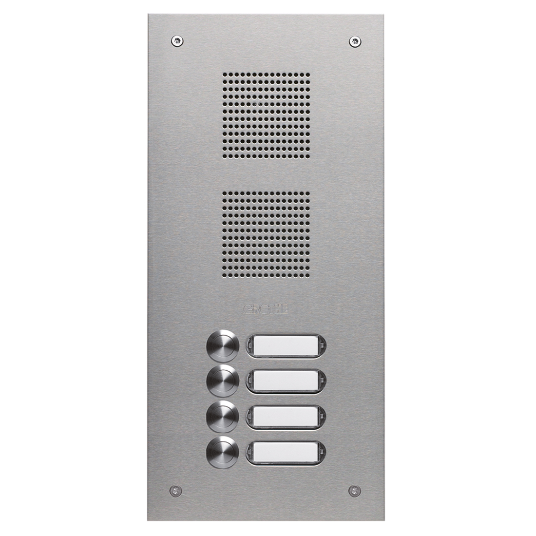 ROBUSTA Edelstahl-Türstation mit Namensschildern und Klingelknöpfen in einer Reihe; darüber ist das Lautsprechergitter zu sehen