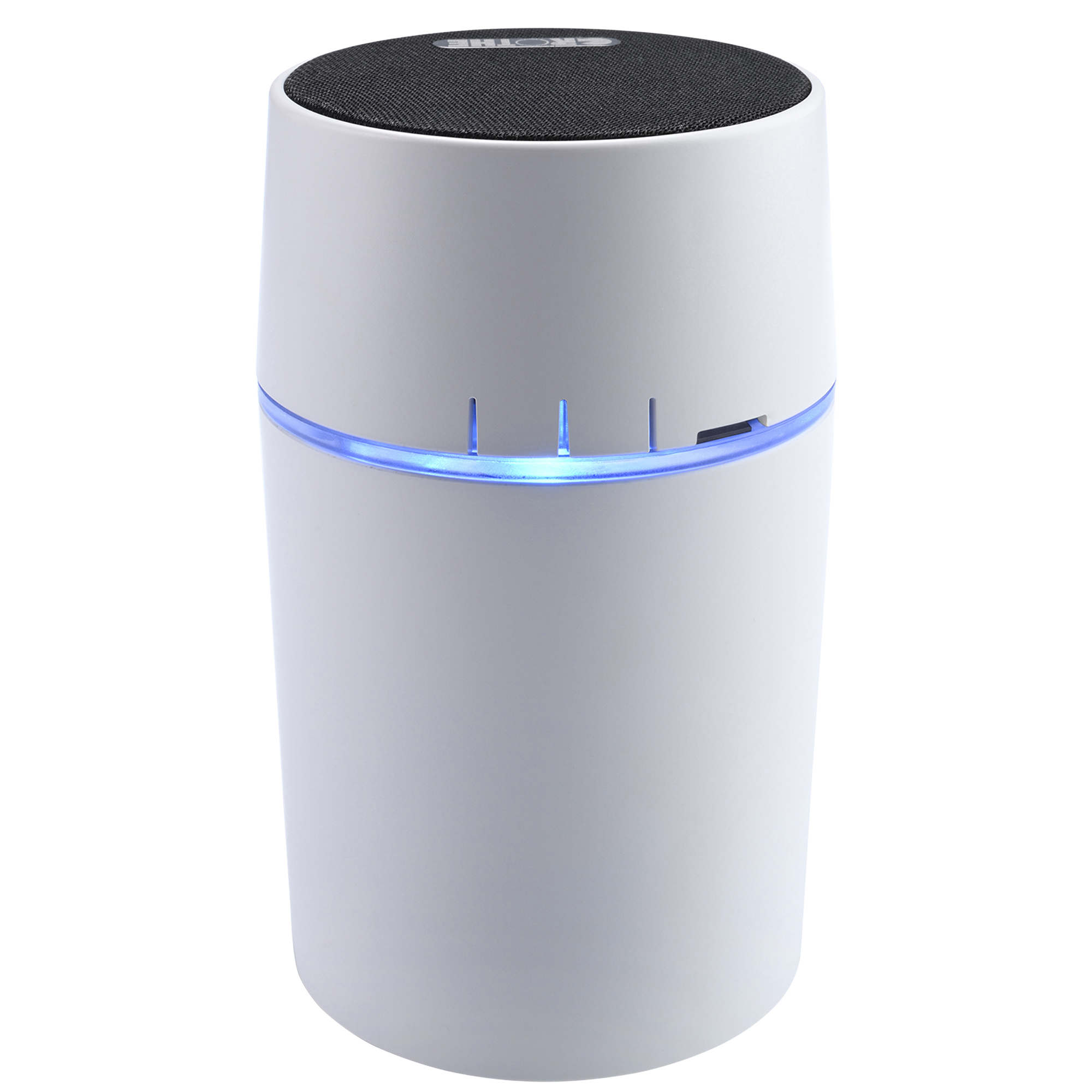 Weißer Funkgong in zylindrischer Form mit LED-Lichtring und schwarzer Lautsprecherabdeckung, frontal leicht von oben gezeigt.