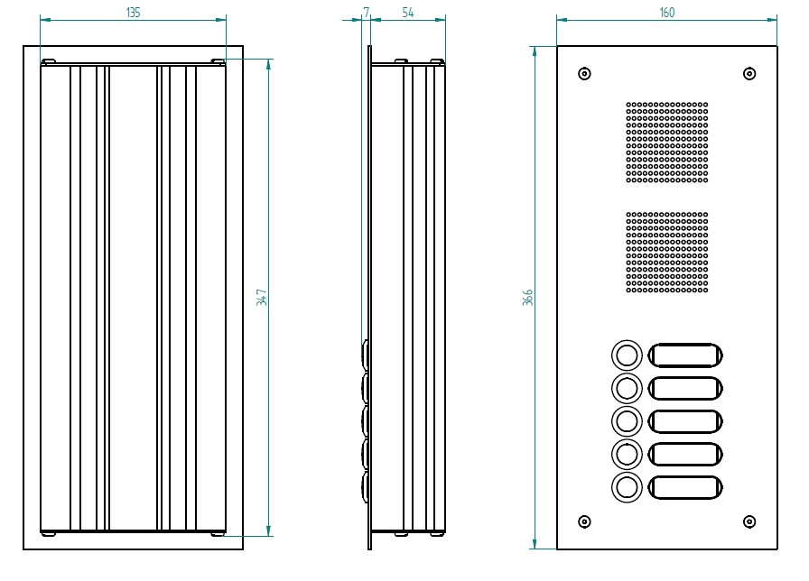 ROBUSTA Aluminium-Türstation mit Namensschildern und Klingelknöpfen in einer Reihe; darüber ist das Lautsprechergitter zu sehen