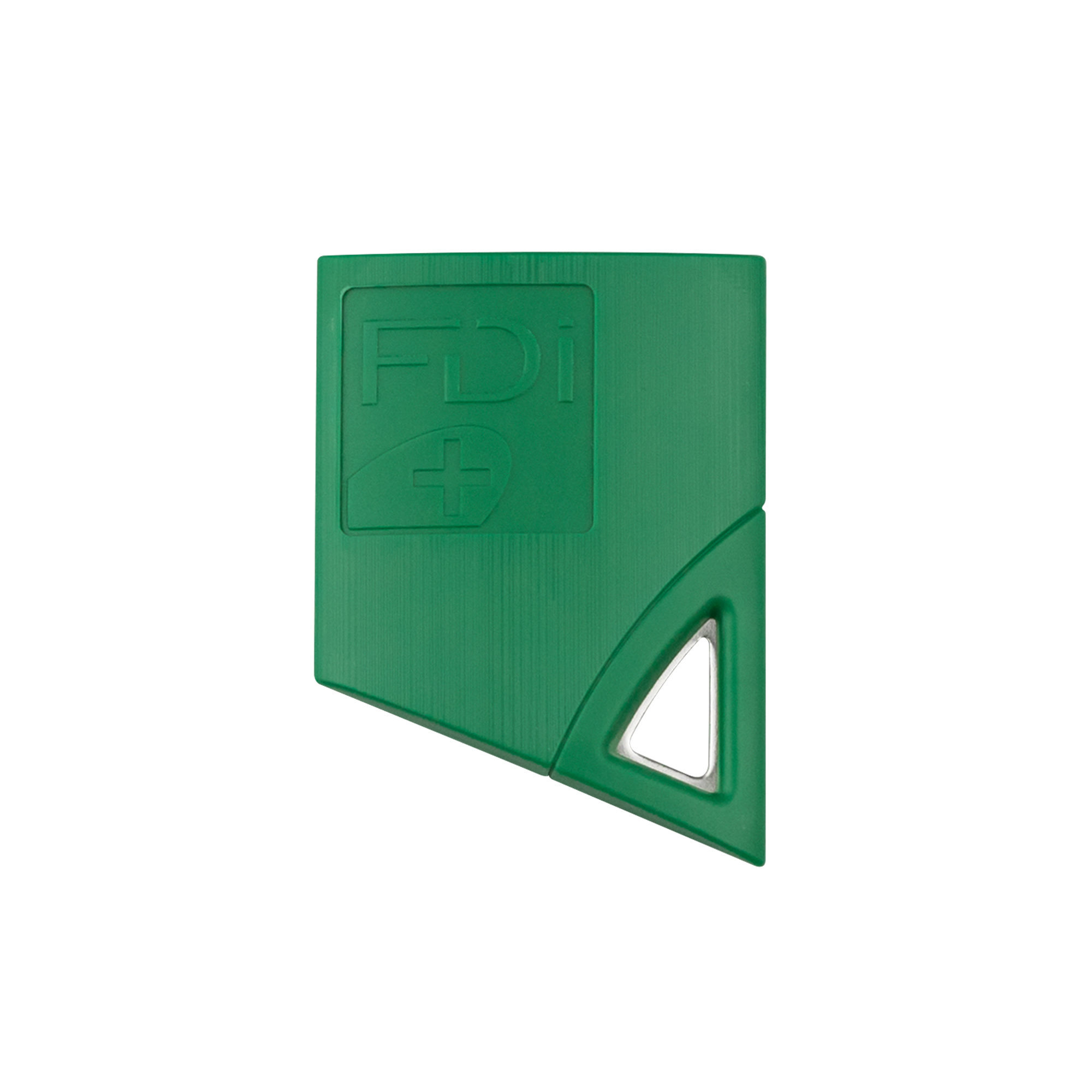 Grüner FDI-Näherungsschlüssel in kompakter, abgeschrägter Form mit eingeprägtem Logo und kleiner silberner Metallöse.