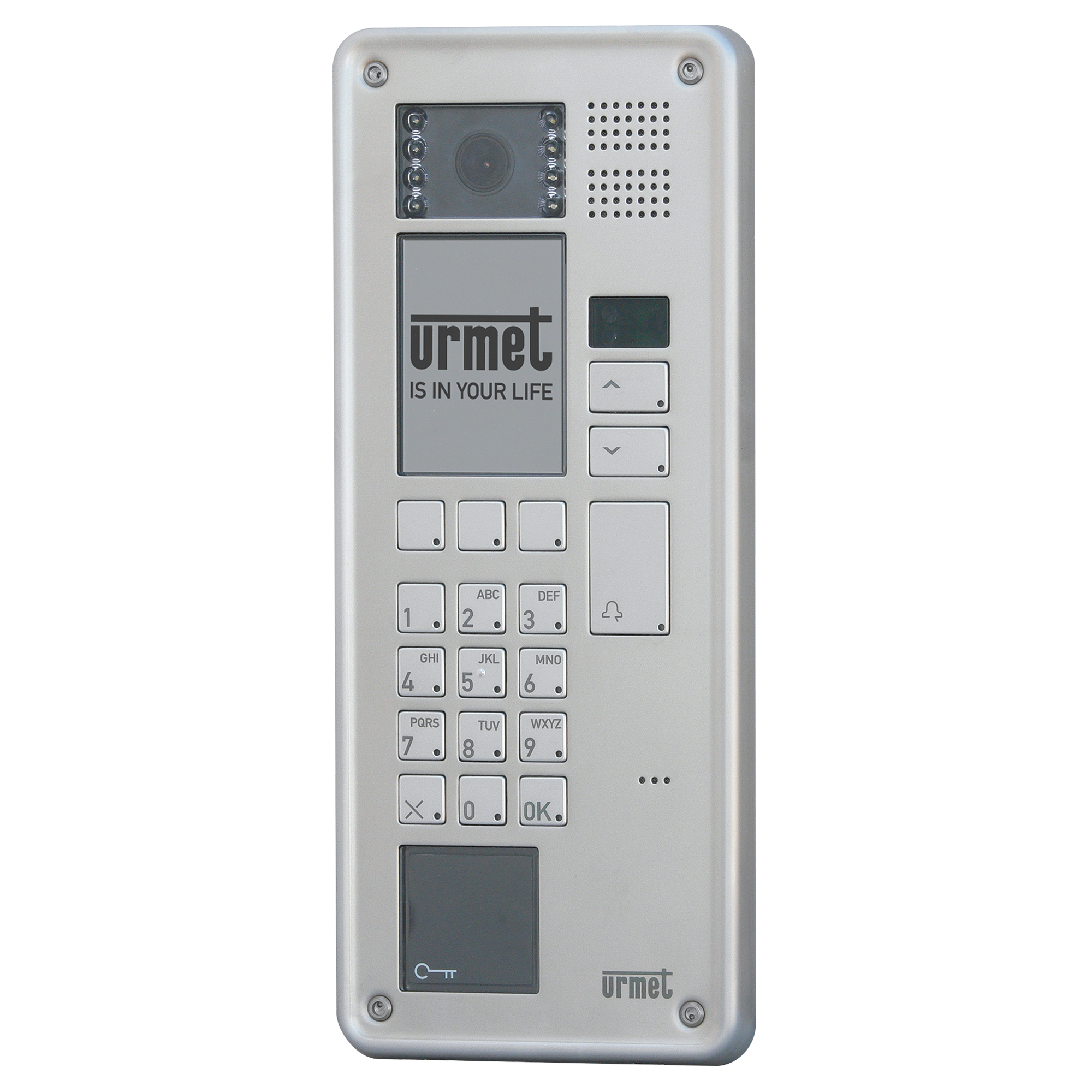 Silberne Türstation mit Kamera, Display, Lautsprecher, beleuchteter Tastatur und Urmet-Logo unten, robuste Bauweise.