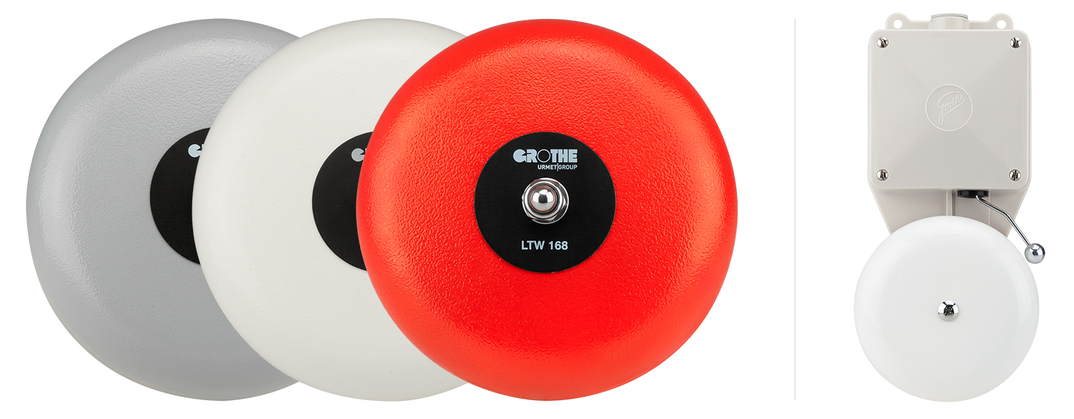 Drei Großläutewerke hintereinander versetzt in den Farben Grau, Weiß und Rot, daneben ein Kleinläutewerk