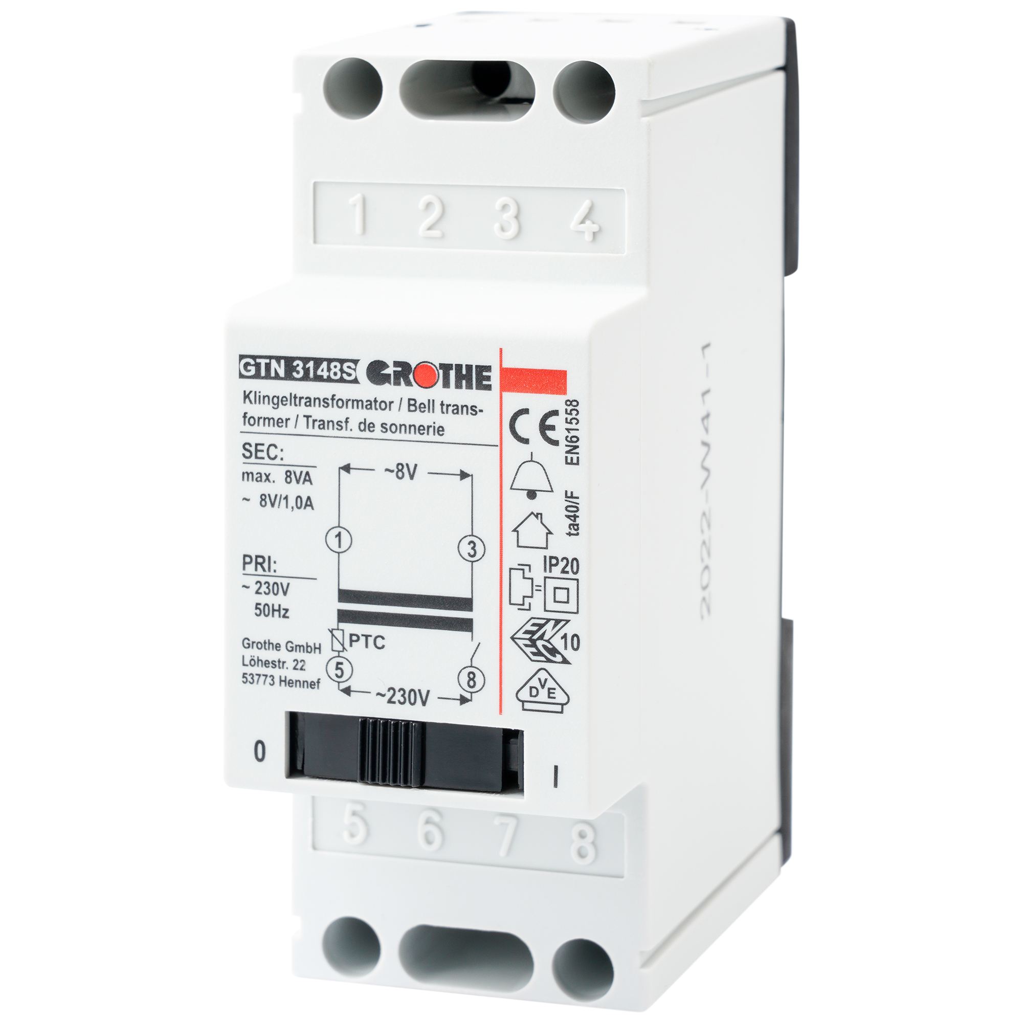 Klingeltransformator in weißem Gehäuse mit schwarzem Schiebeschalter, beschrifteter Front und Klemmen oben und unten