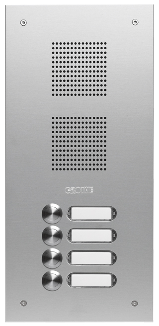 ROBUSTA Aluminium-Türstation mit vier Namensschildern und Klingelknöpfen in einer Reihe; darüber ist das Lautsprechergitter zu sehen