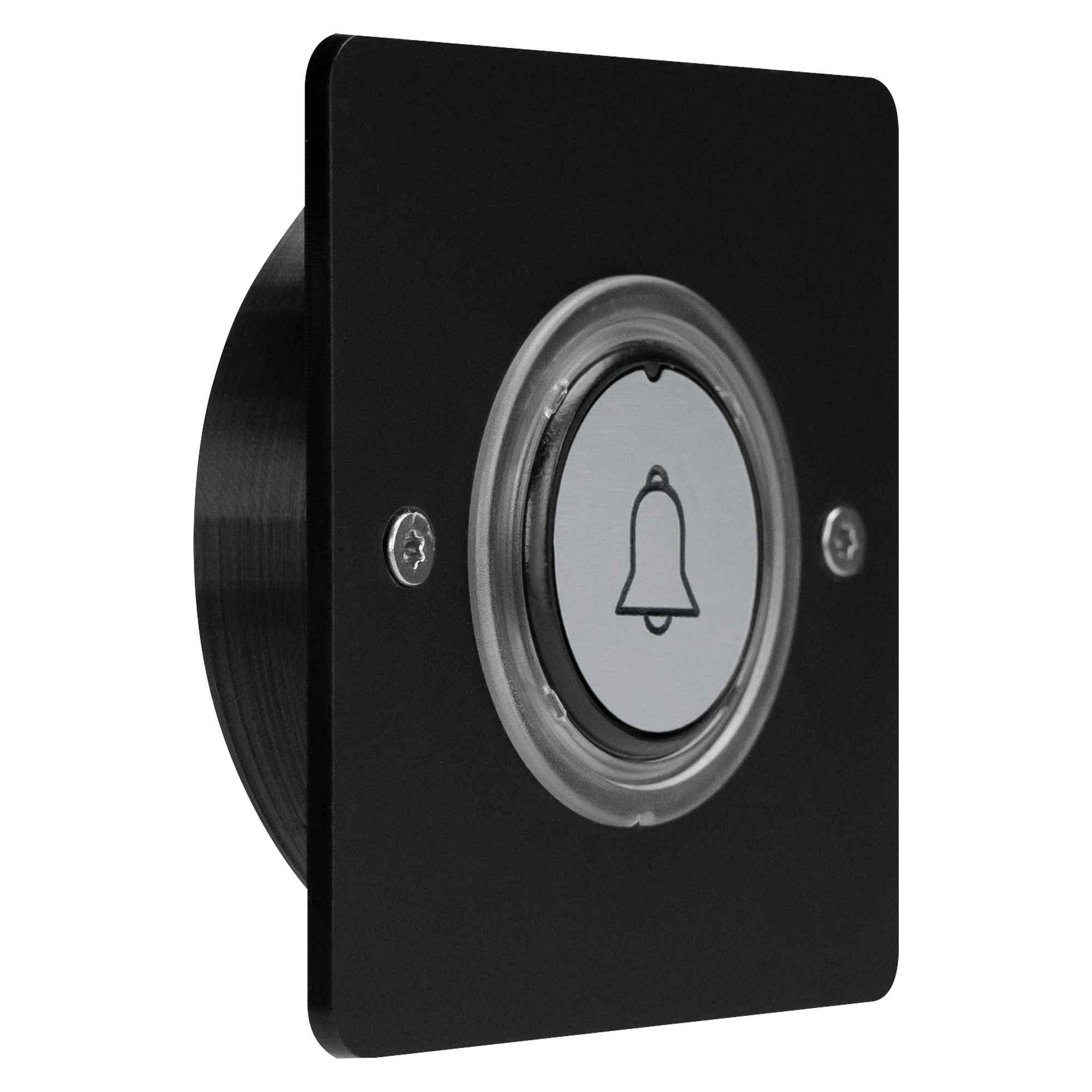 Schwarzer Funksender mit runder Taste und Glockensymbol, Montage wahlweise auf oder unter Putz möglich.