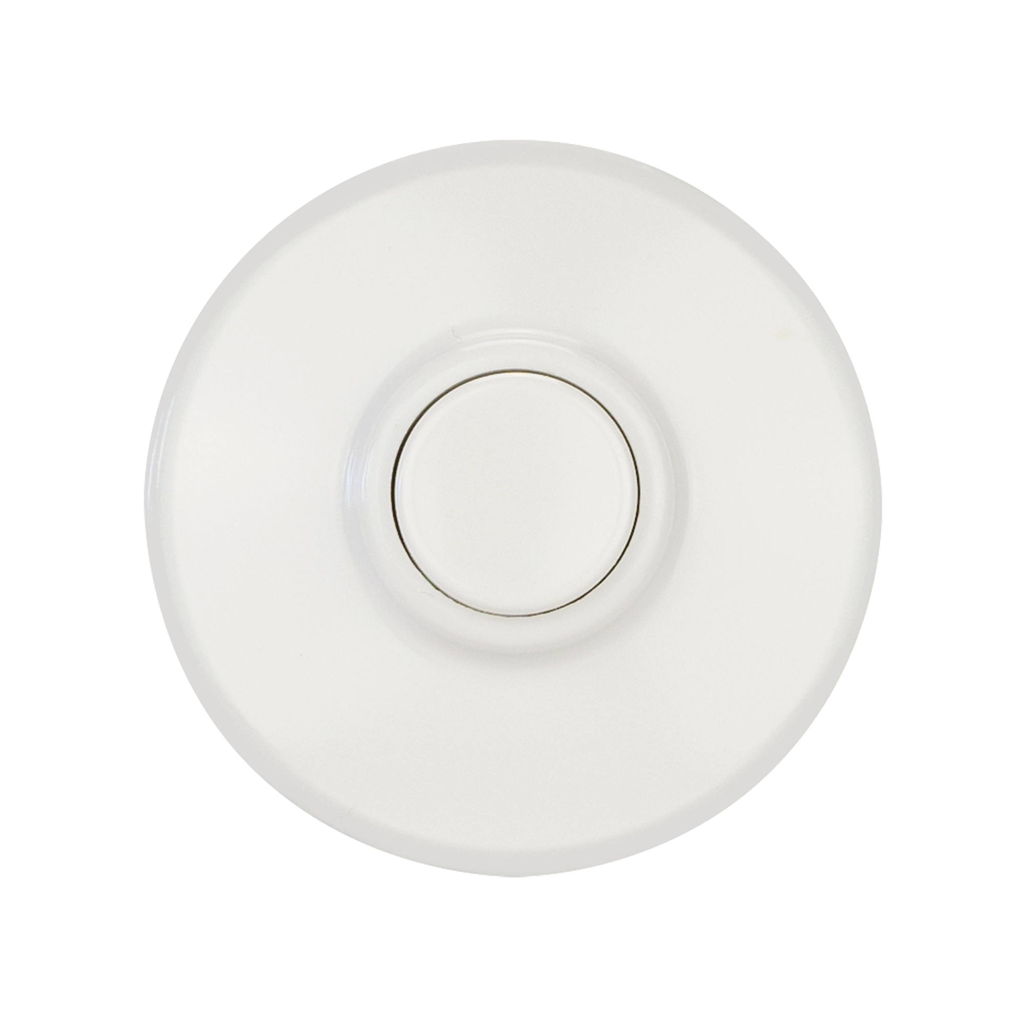 Runder, weißer Taster mit zentraler Taste und flachem Gehäuse, frontale Ansicht auf die kreisrunde Fläche.