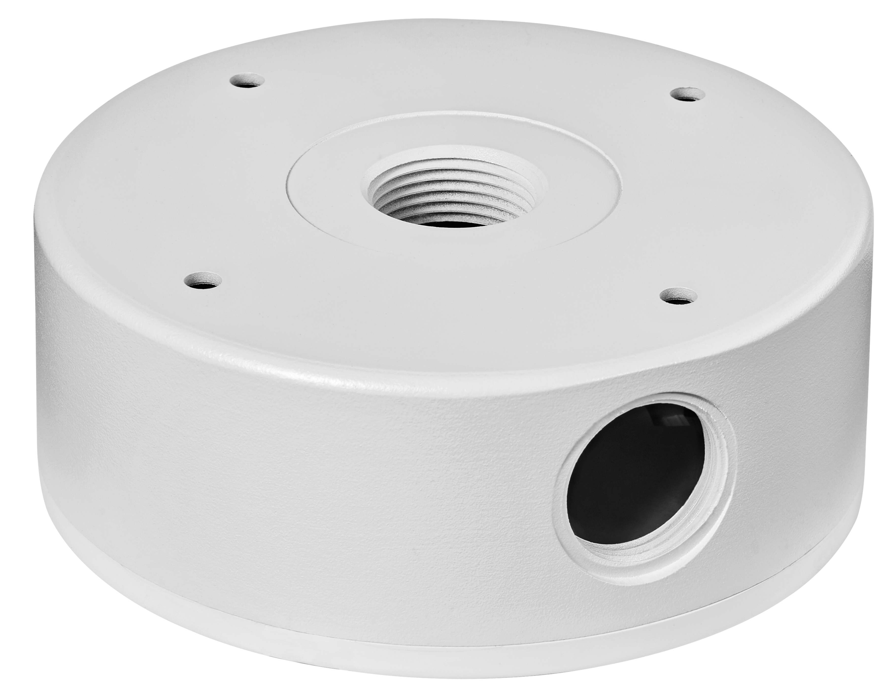 Runde Verteilerdose aus Metall mit zentralem Innengewindeanschluss und seitlicher Kabelöffnung