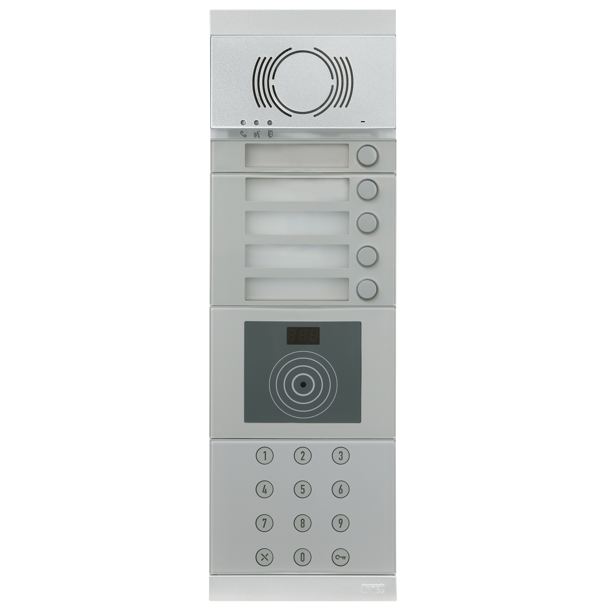 Silberne Audio-Türlautsprecher-Abdeckung mit runden Lautsprecherschlitzen, drei Status-LEDs und grauem Unterteil.