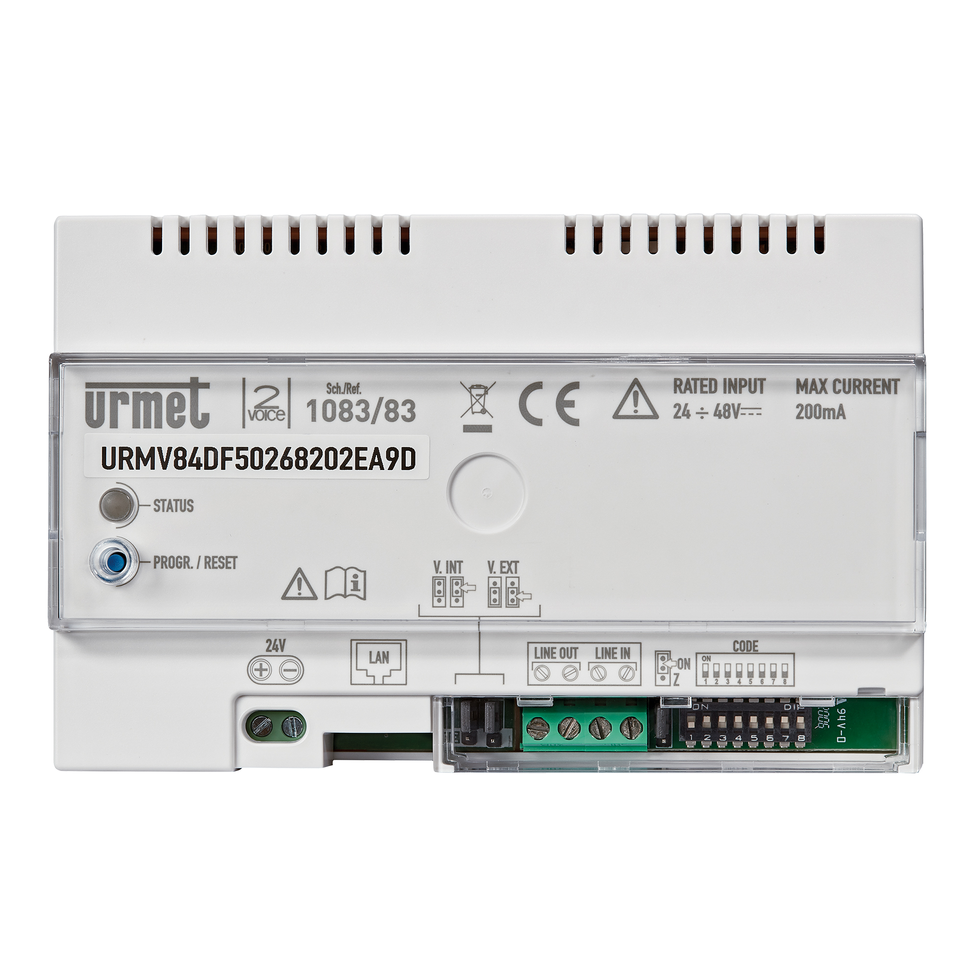 Urmet Hutschienengerät 1083/83 in Weiß mit LED-Anzeige, Programmierknopf, LAN-Port, Schraubklemmen und Lüftungsschlitzen.