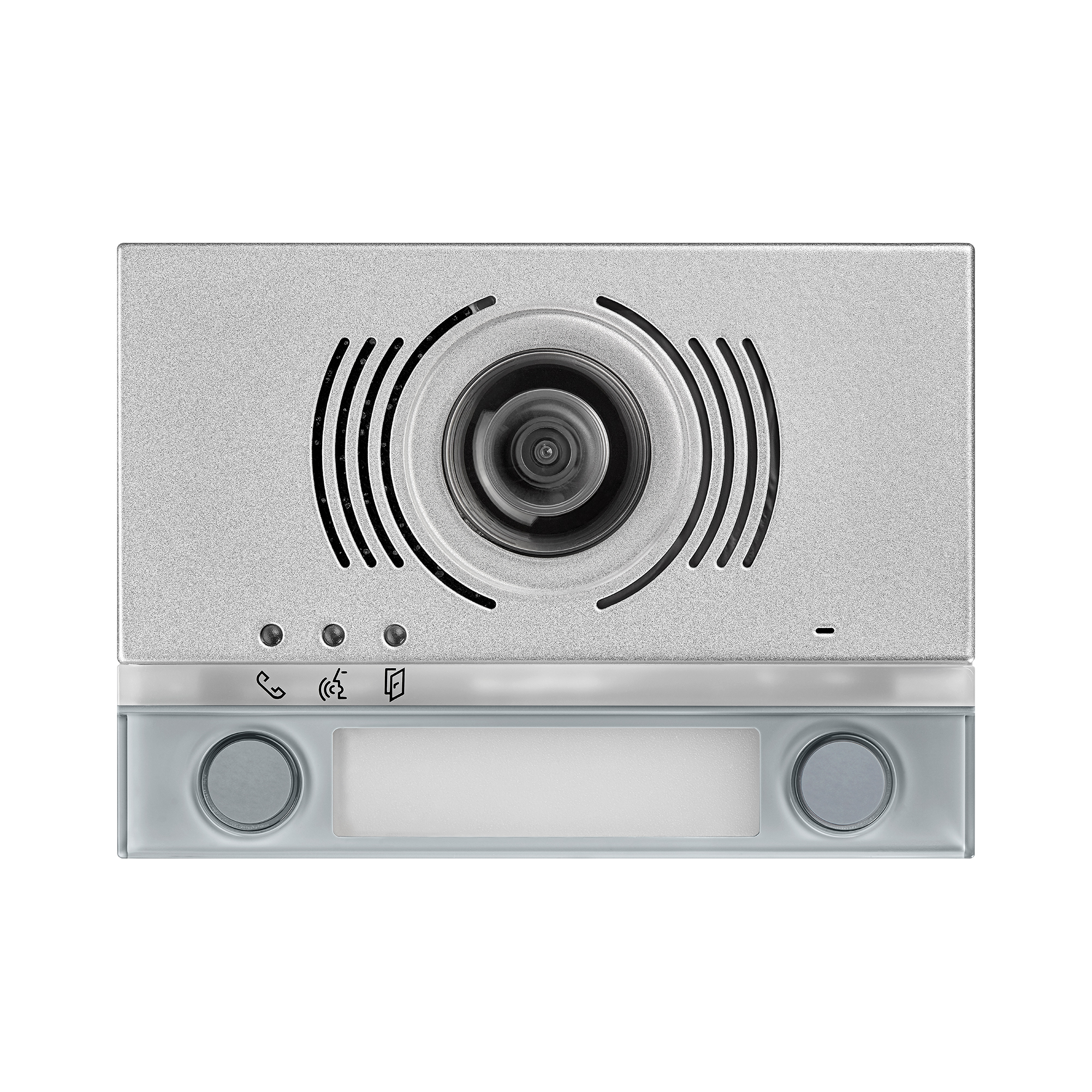 Video-Türlautsprecher mit Kamera, zwei Klingeltastern, Namensschildfeld, Lautsprecherschlitzen und drei Status-LEDs.