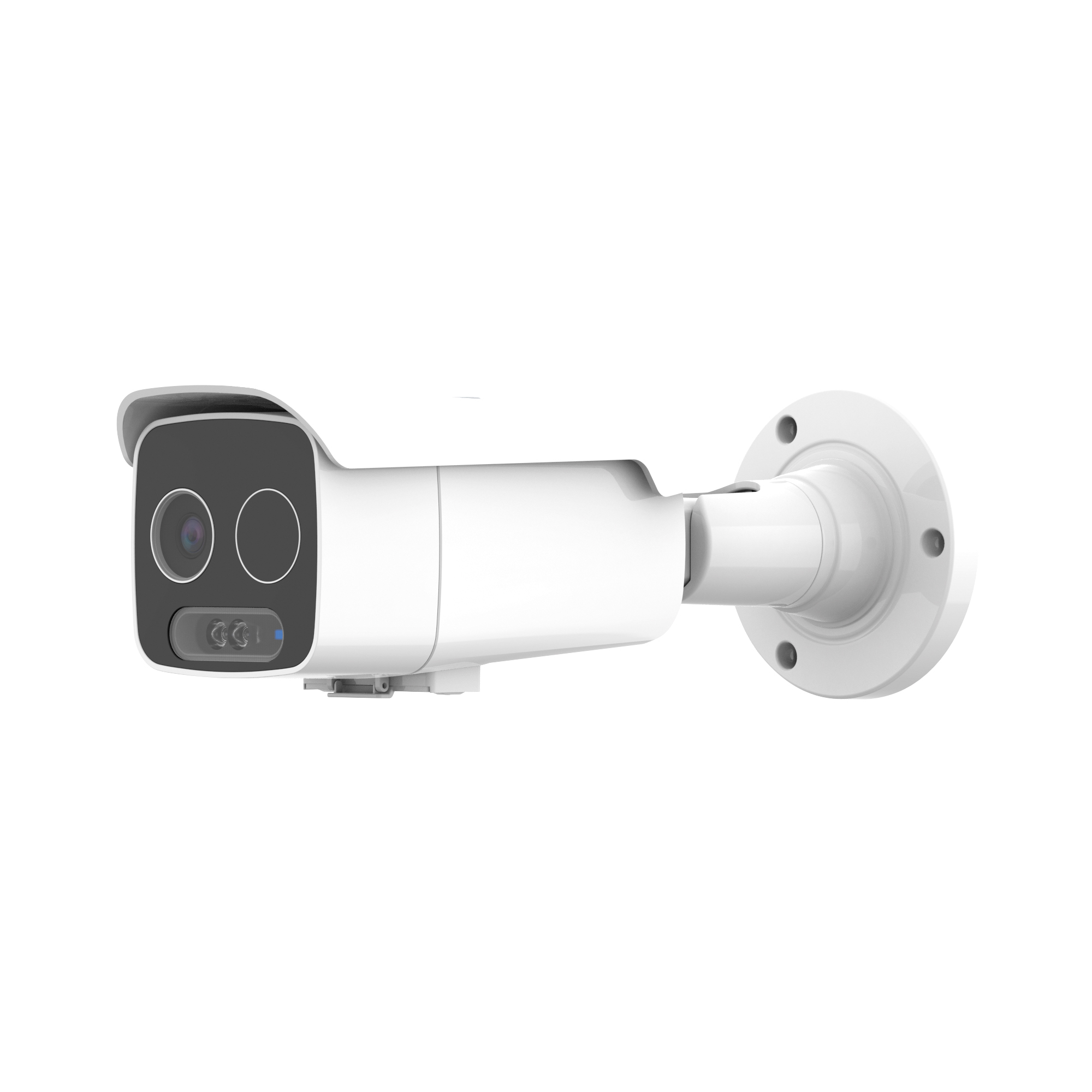 Bullet-Kamera mit langem Gehäuse, zwei Objektiven, schwarzer Front und seitlichem Blickwinkel