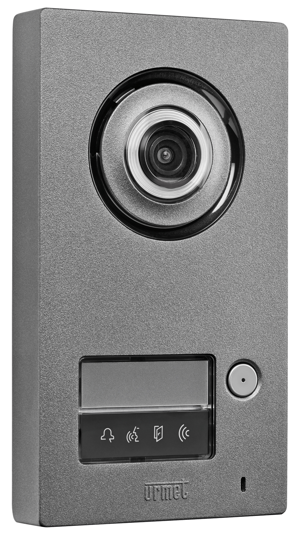 Graue Urmet Türstation mit großer Kamera, Namensschild „Hoffmann“, Klingeltaste, Symboltasten und kleinem Urmet-Logo.