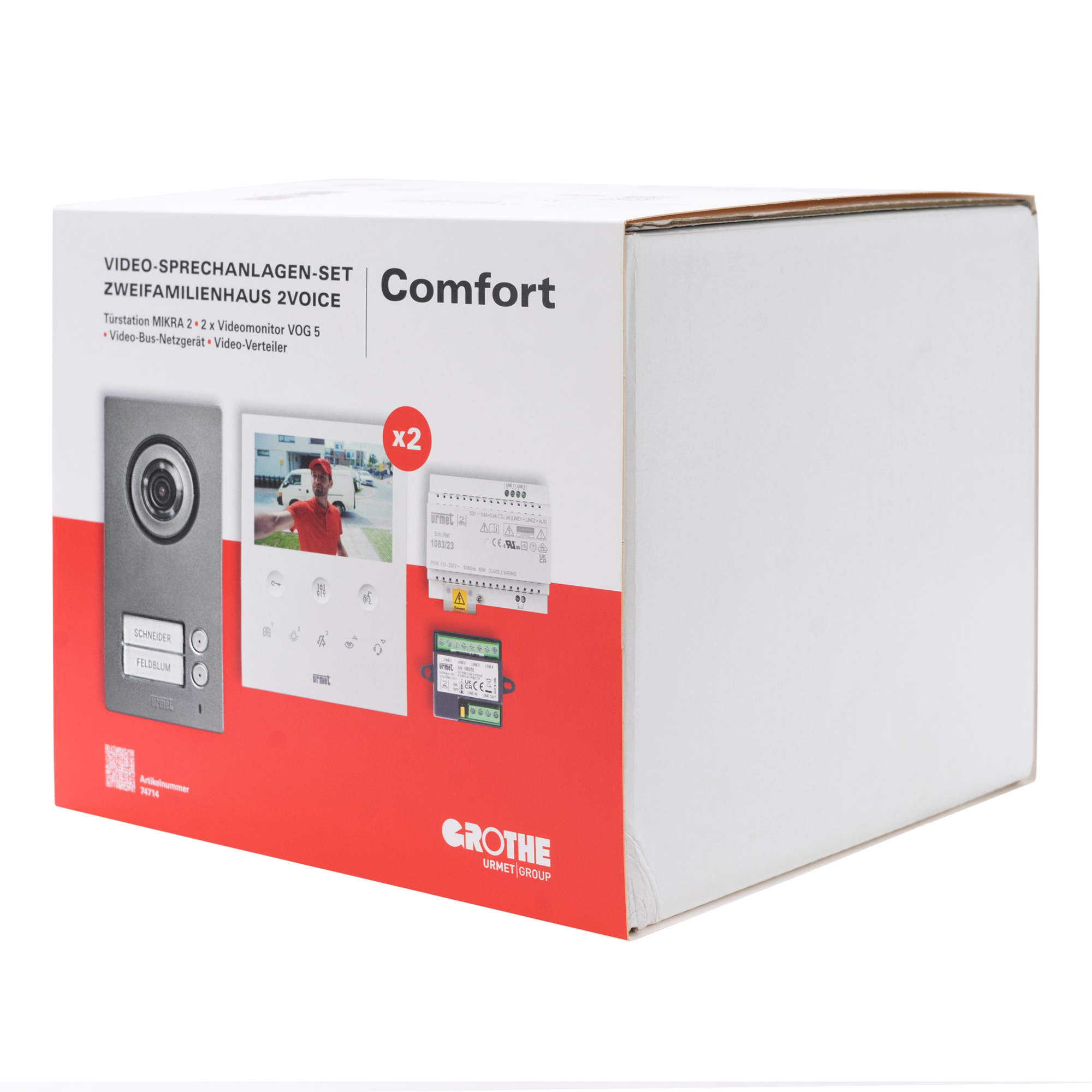 Verpackung des Comfort Sets für Zweifamilienhaus mit Türstation MIKRA 2, zwei VOG 5 Monitoren, Netzgerät und Verteiler.