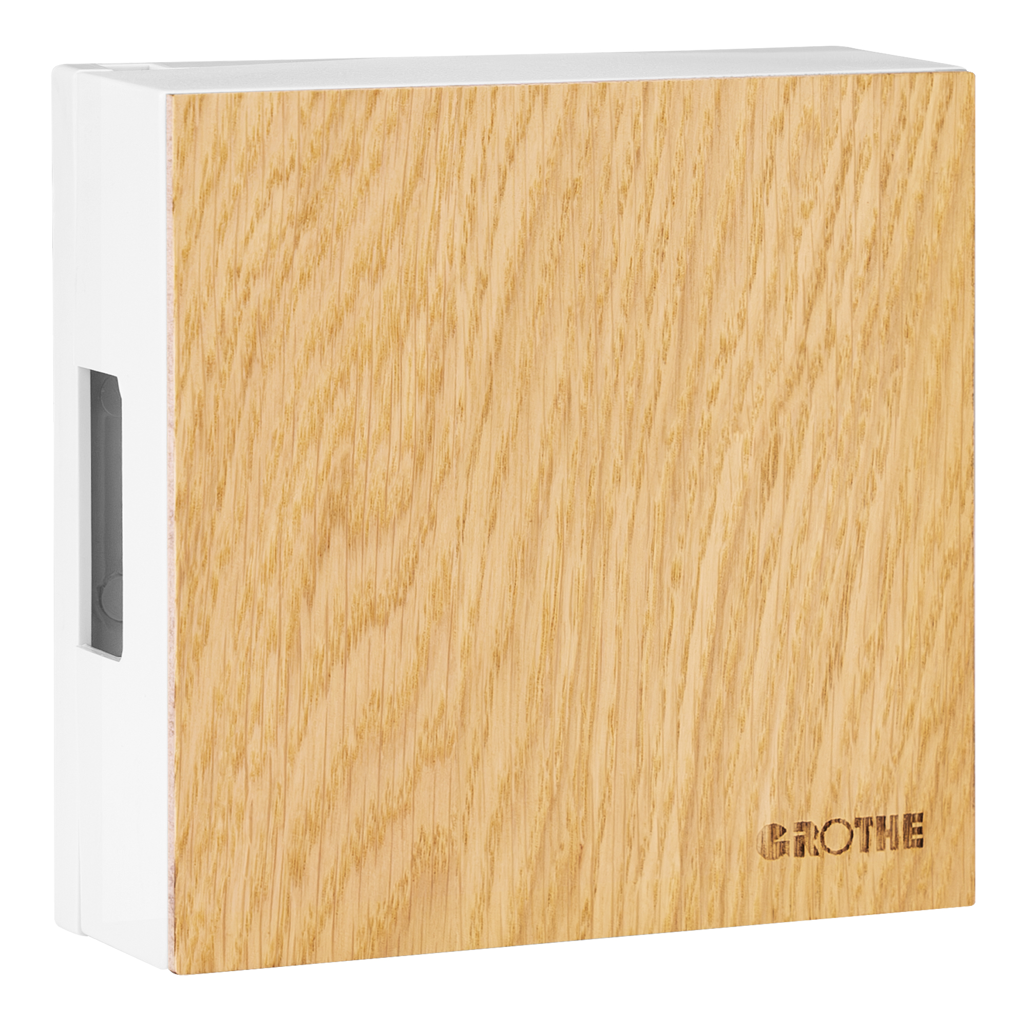 Zweiklang-Gong mit seitlichem Lüftungsschlitz, glatter Front mit Echtholzfurnier in Eichenholzoptik und Grothe-Logo.