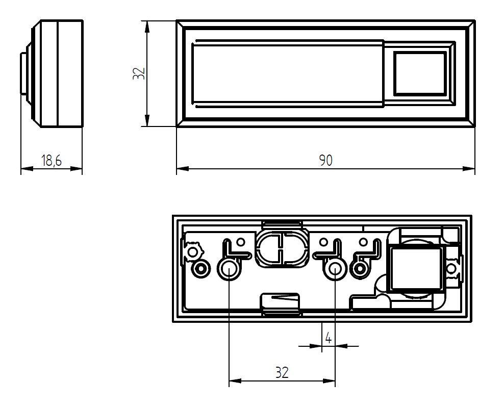 Rechteckiger Klingeltaster mit eckigem Druckknopf links und großem Namensfeld rechts, weiße Kunststoffausführung, Frontansicht.
