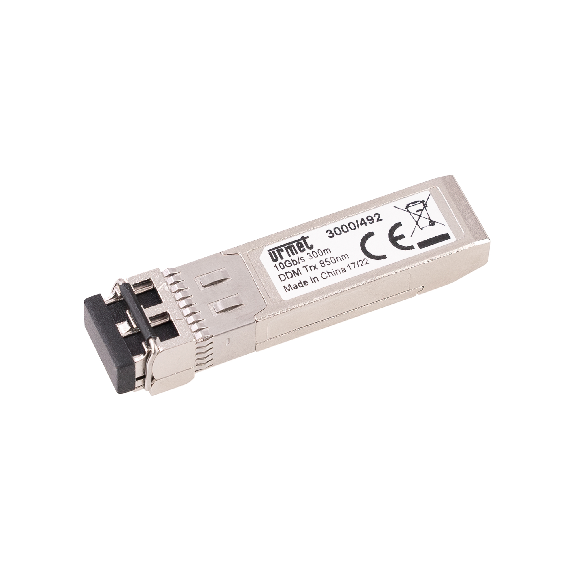 SFP Transceiver-Modul mit Duplex-LC-Anschluss und Beschriftung, silberfarben, schräg von oben fotografiert