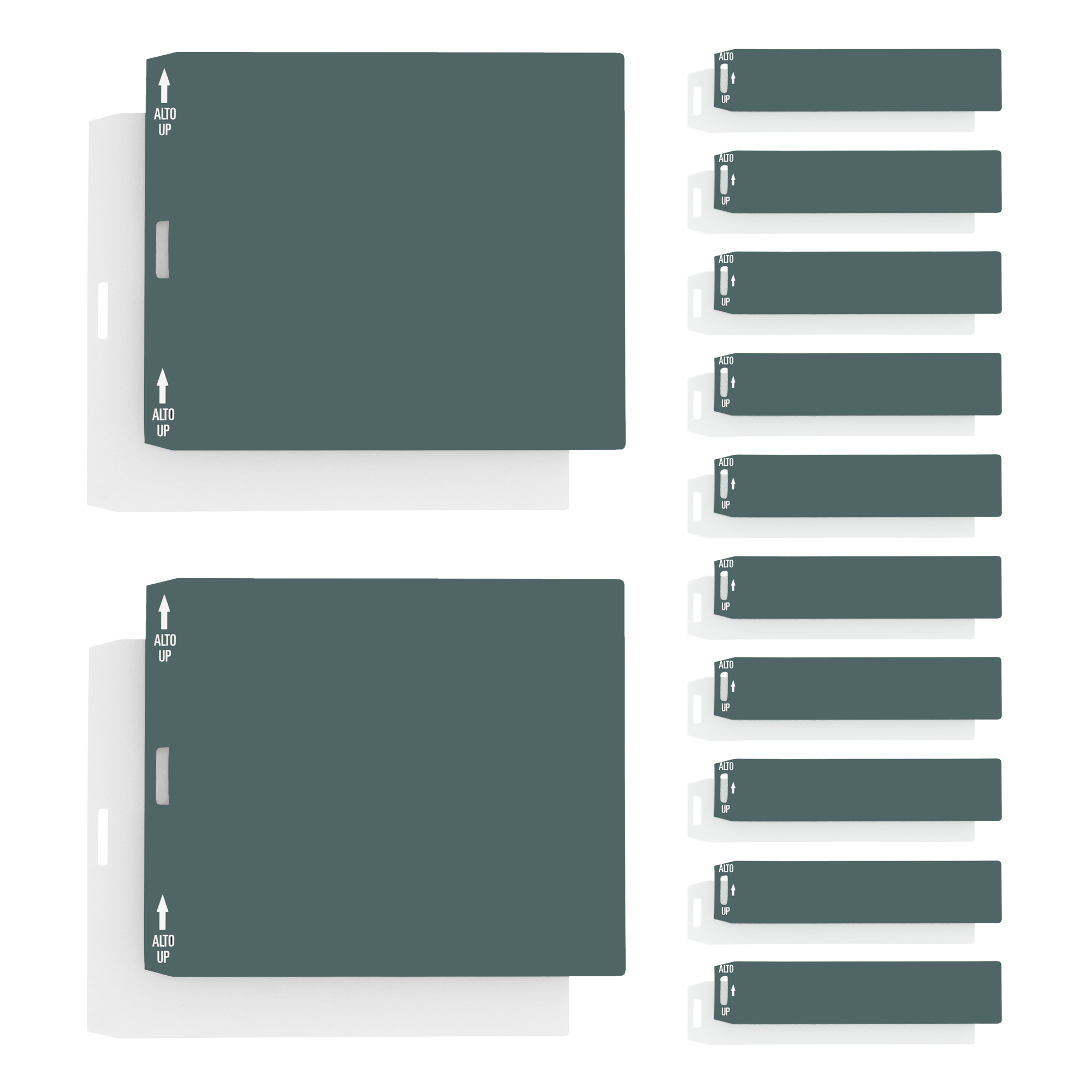 Set aus grauen Namensschildern und Hausnummerschildern mit Markierungspfeilen für die Montage.