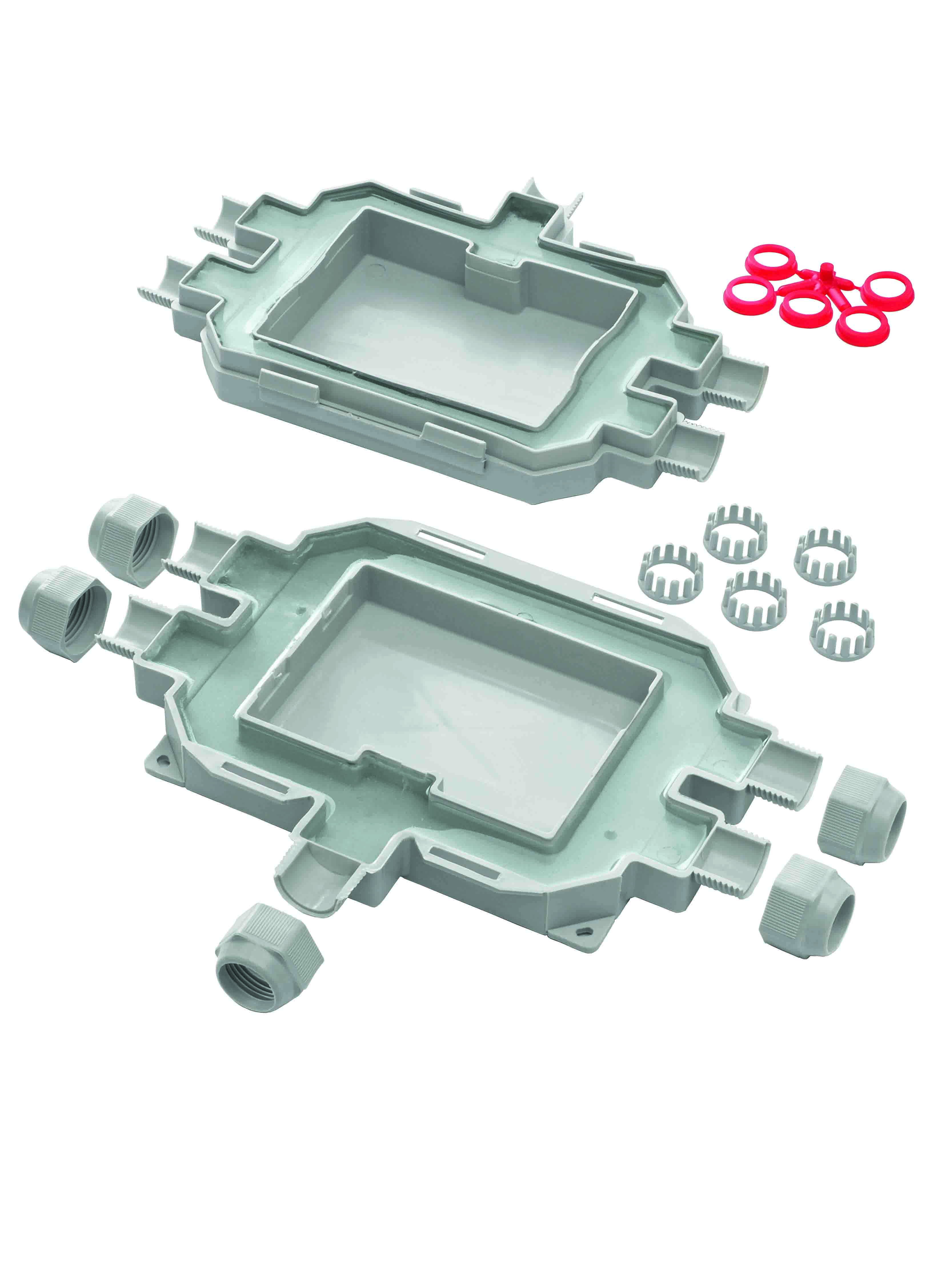 Unter- und Oberseite der grauen Verteilerdose mit Gel gefüllt