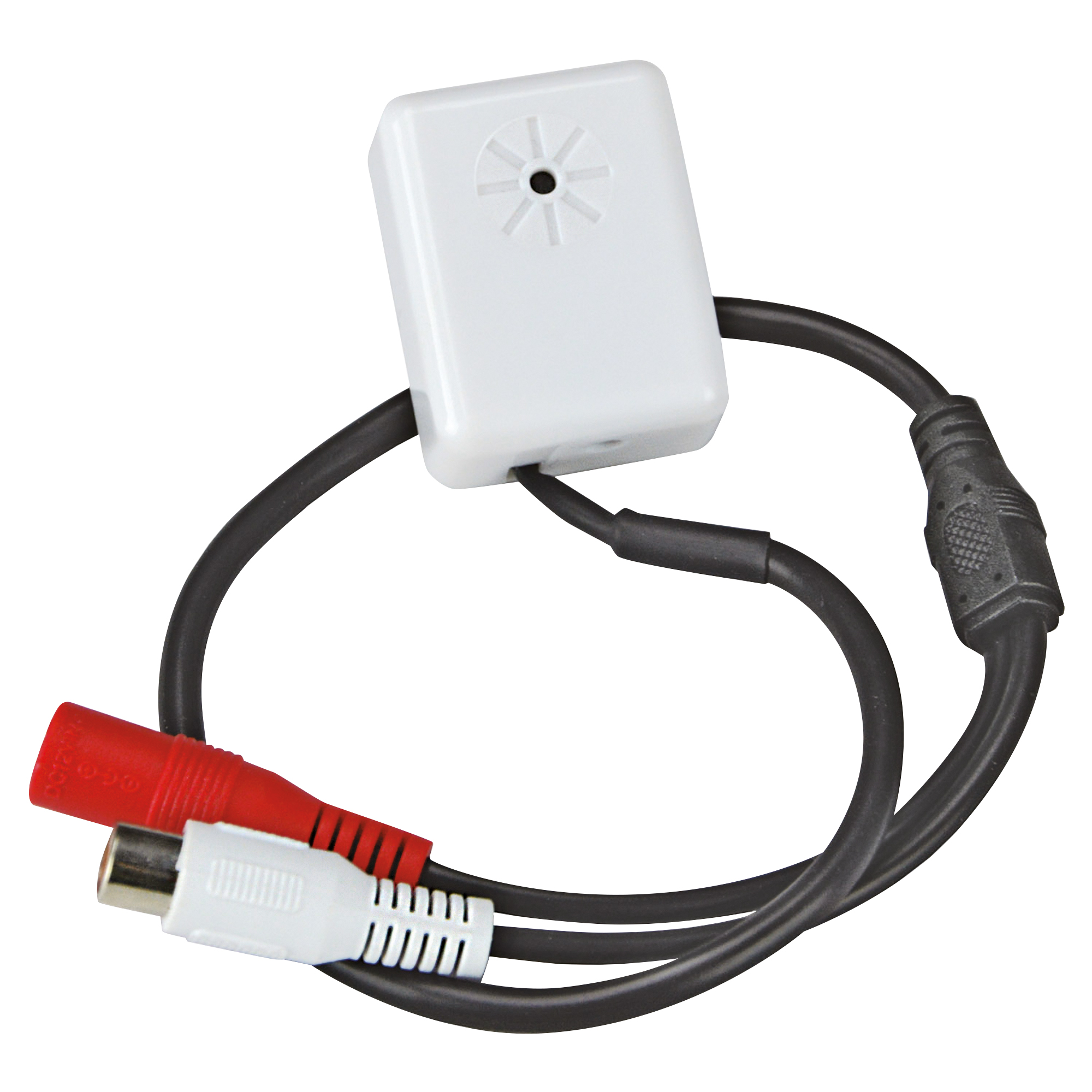 Kompaktes Mikrofon mit weißem Gehäuse und schwarzem Anschlusskabel mit roten und weißen Cinch-Steckern