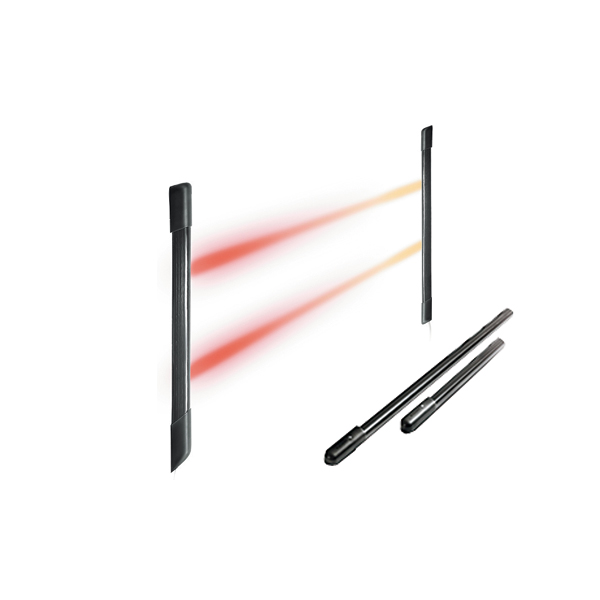 Schlanke, schwarze Lichtschranke mit zwei gegenüberliegenden Sensorleisten, die unsichtbare Lichtstrahlen zur Durchgangsüberwachung senden.