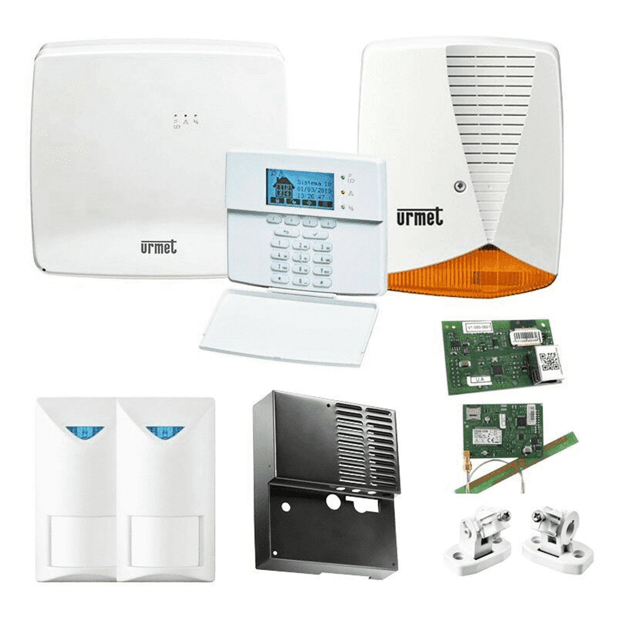 Alarmanlagen Set mit Alarmzentrale, Keypad, IP-Modul, GSM-Modul, 2 IR-Melder, 2 Halterungen, Außensirene und eine Schutzeinrichtung.