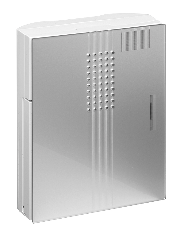 Elektronik-Gong mit silberner, glänzender Front und senkrechter Lautsprecheröffnung aus Punkt- und Linienraster.