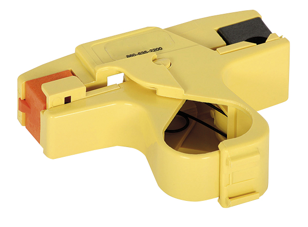 Gelber Abisolierer mit ergonomischer Form, Federmechanismus und farblich gekennzeichneter Schneideeinheit