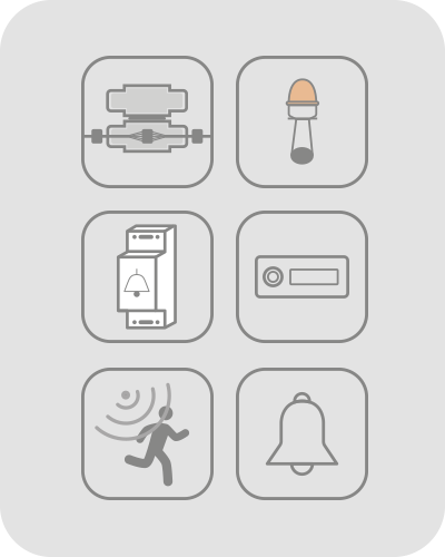 6 Icons unter- und nebeneinander angeordnet: Verbindungsmuffe, Kombi-Hupe, Klingeltransformator, Klingeltaster, Alarmanlage und Klingel