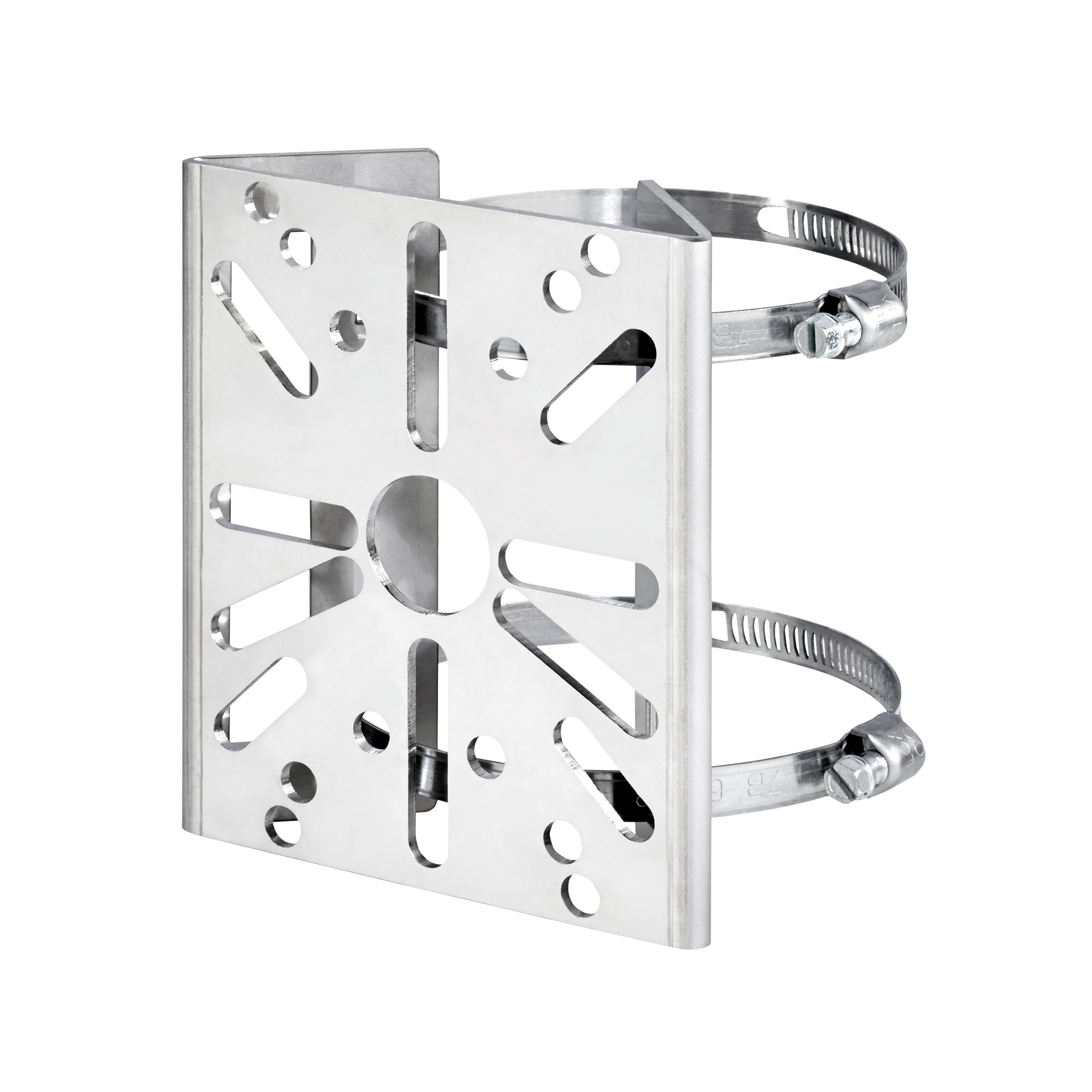Mast-Halterung aus Metall mit Befestigungsschiene und zwei verstellbaren Edelstahlspannbändern