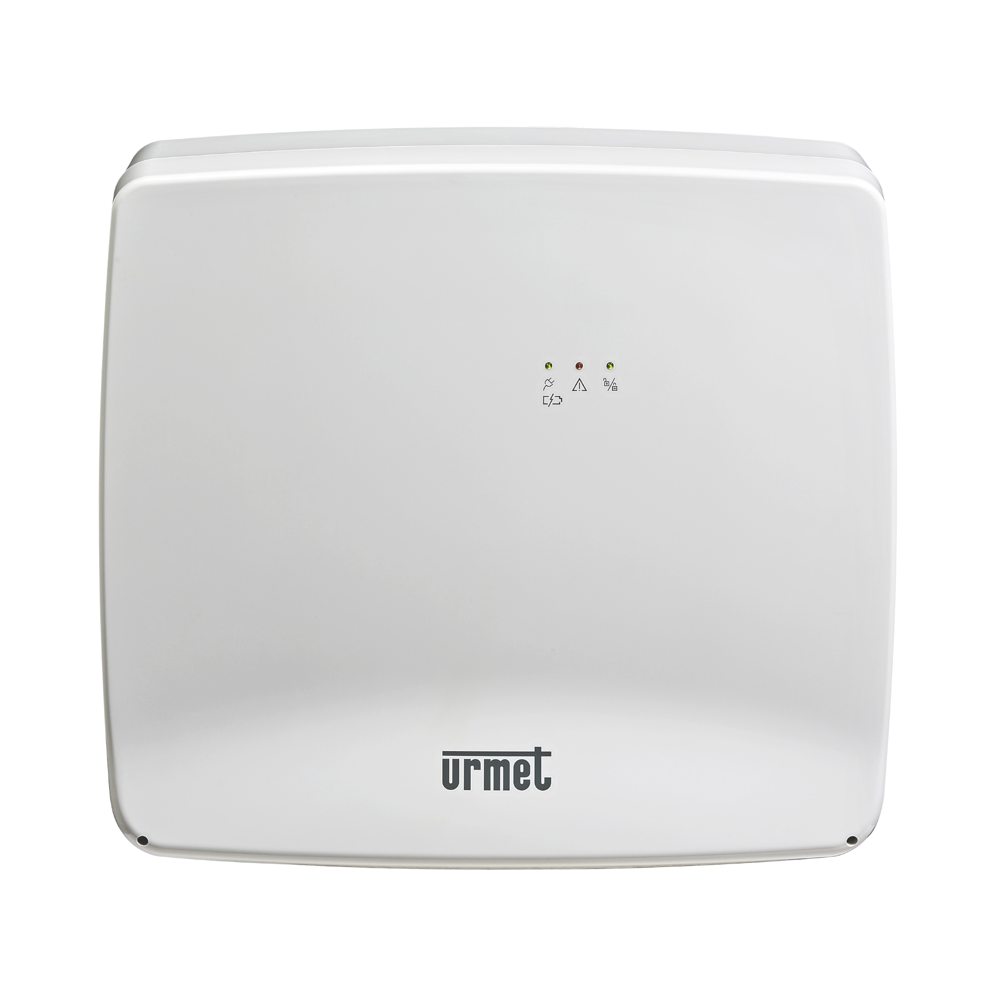 Weiße, drahtgebundene Alarmzentrale von Urmet mit drei Status-LEDs auf der Vorderseite zur Systemanzeige.
