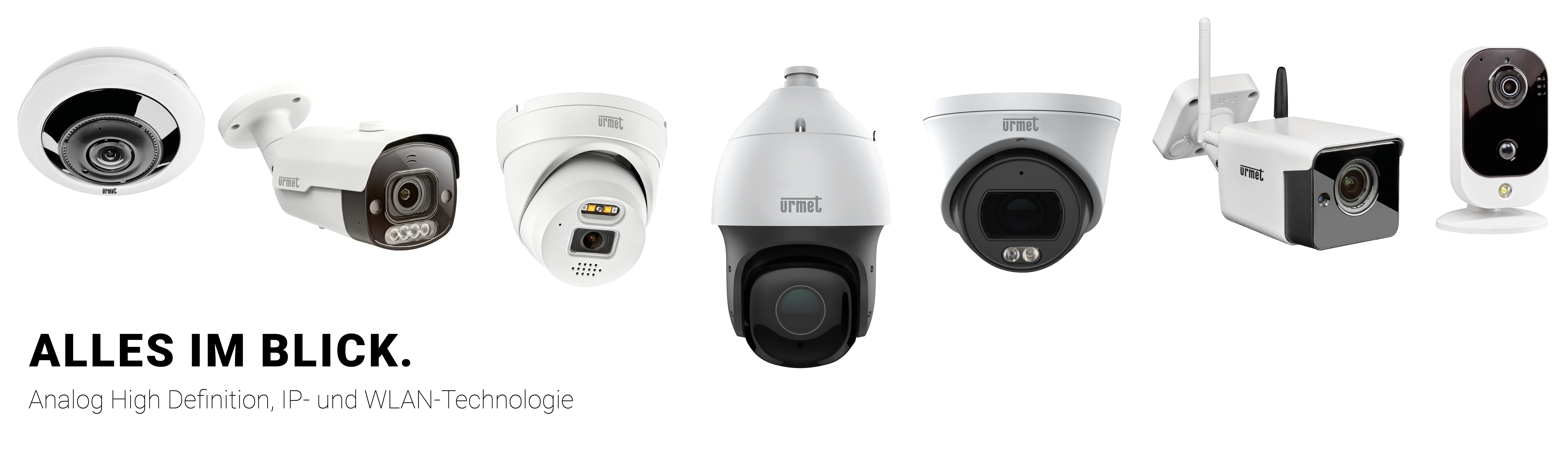 Nebeneinander eine Fisheye-Kamera, zwei Bullet-Kameras, zwei Dome-Kameras, eine WLAN-Cube-Kamera und eine PTZ-Kamera; Schrift: "Alles im Blick. Analog High Definition, IP- und WLAN-Technologie"