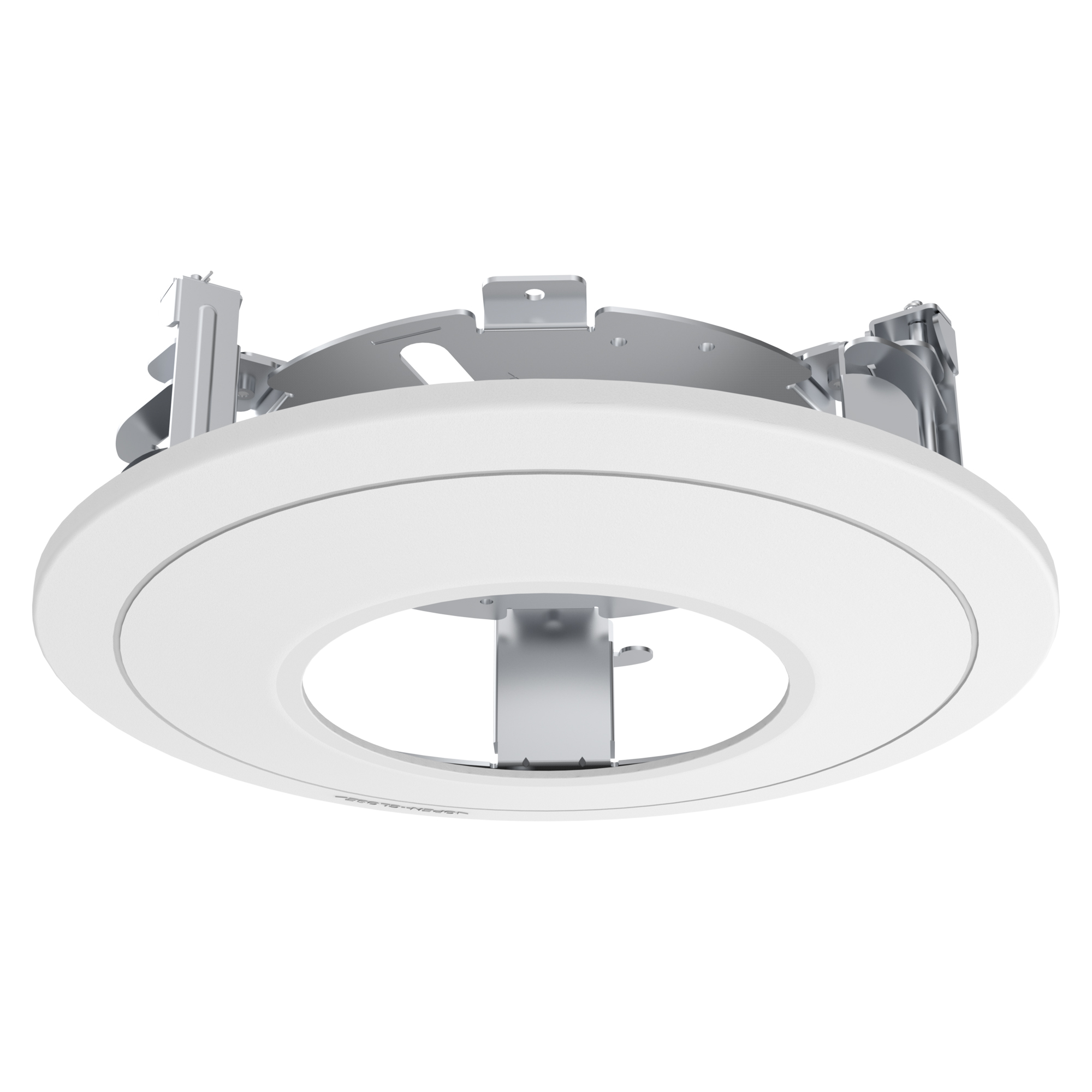 Runder Deckenmontagering mit Halteklammern aus Metall, Sicht von unten in leichter Schrägansicht