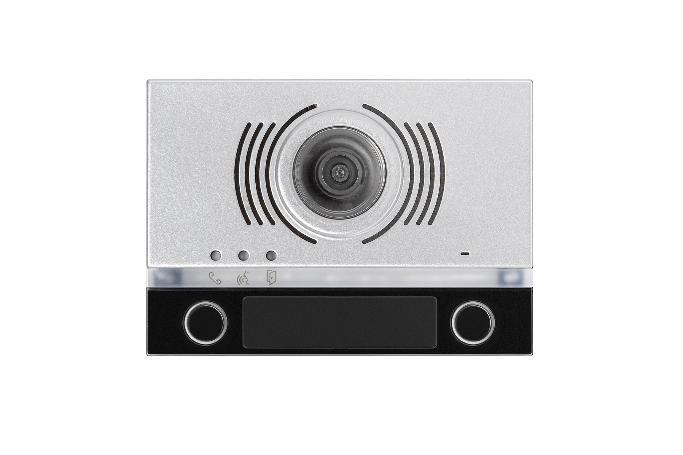 Video-Türlautsprecher-Modul in Silber mit Weitwinkelkamera, schwarzem Unterteil, Namensfeld und zwei Klingeltasten.