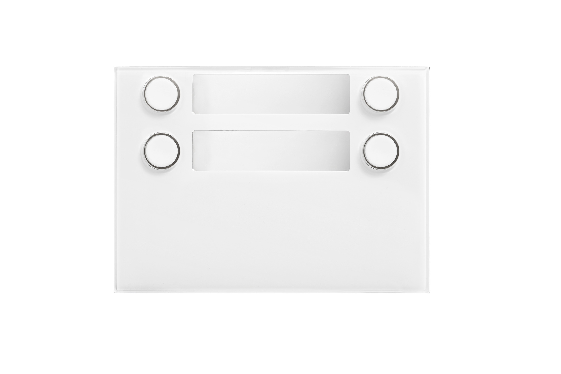 Weißes Namensschild-Modul mit zwei Namensfeldern und zwei runden Klingeltastern jeweils links und rechts.