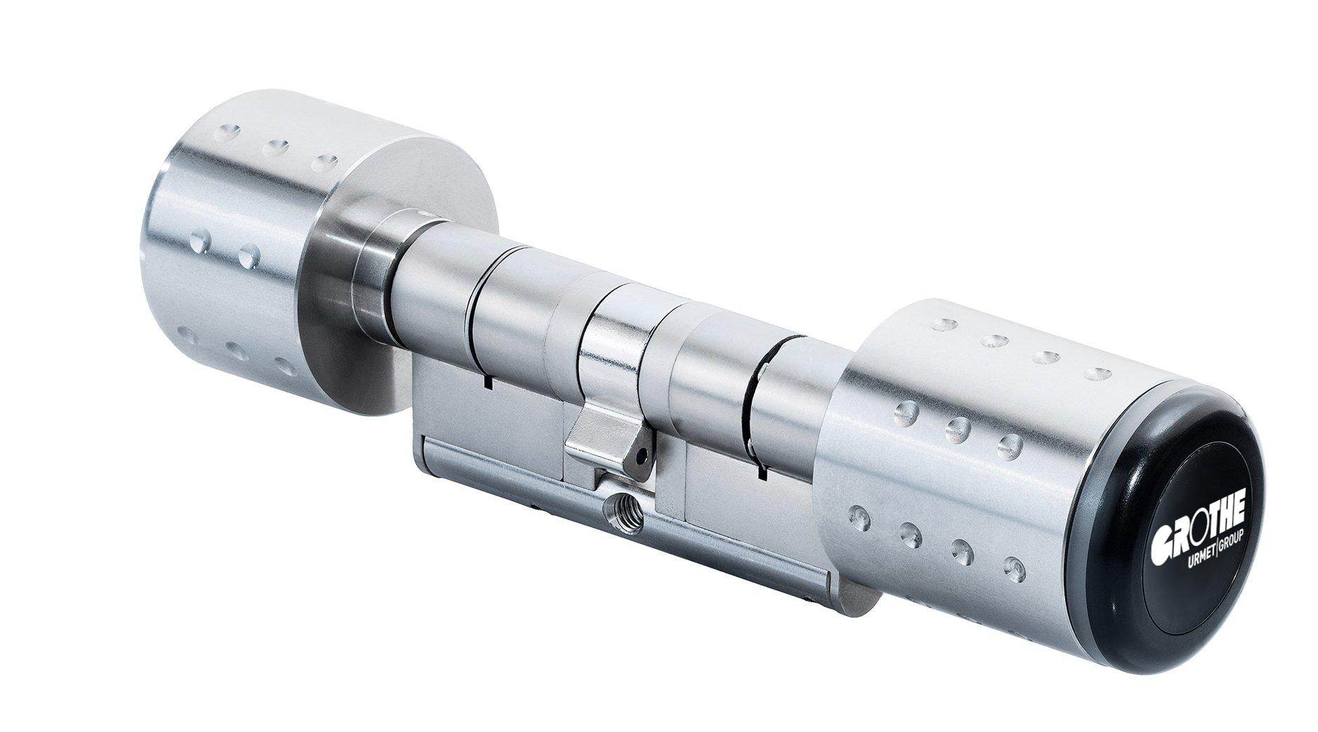 Elektronischer Zylinder in Edelstahl, seitlich fotografiert; vorne ist eine schwarze Frontkappe mit dem Grothe-Logo erkennbar