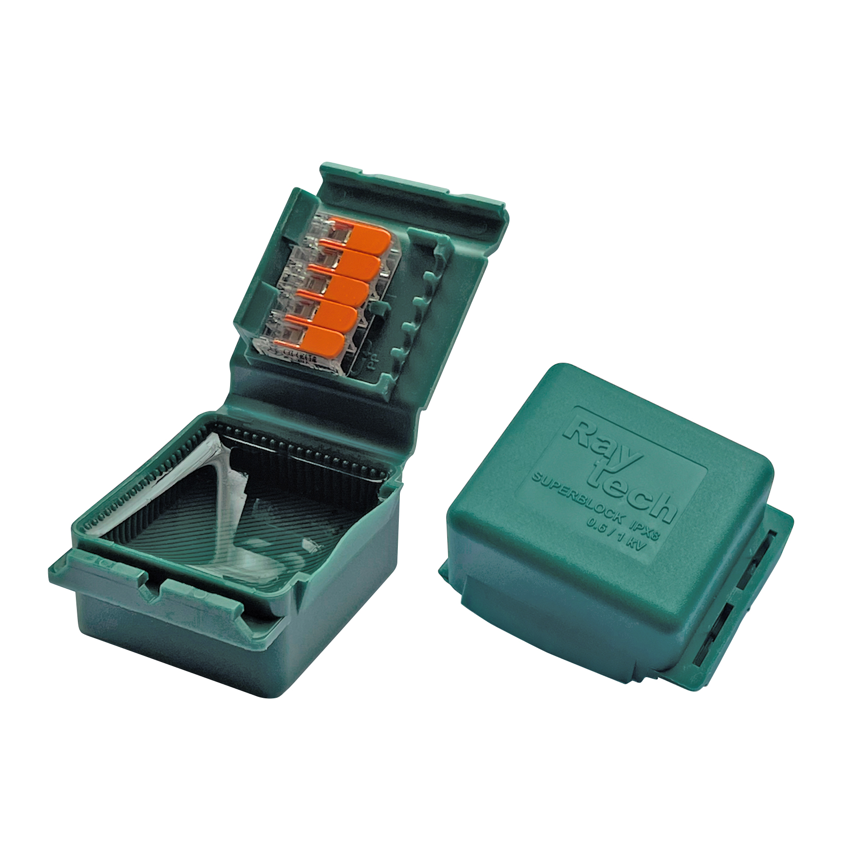 Grüne Mikro-Verbindungsdose, gefüllt mit Gel, einmal geöffnet, einmal geschlossen abgebildet