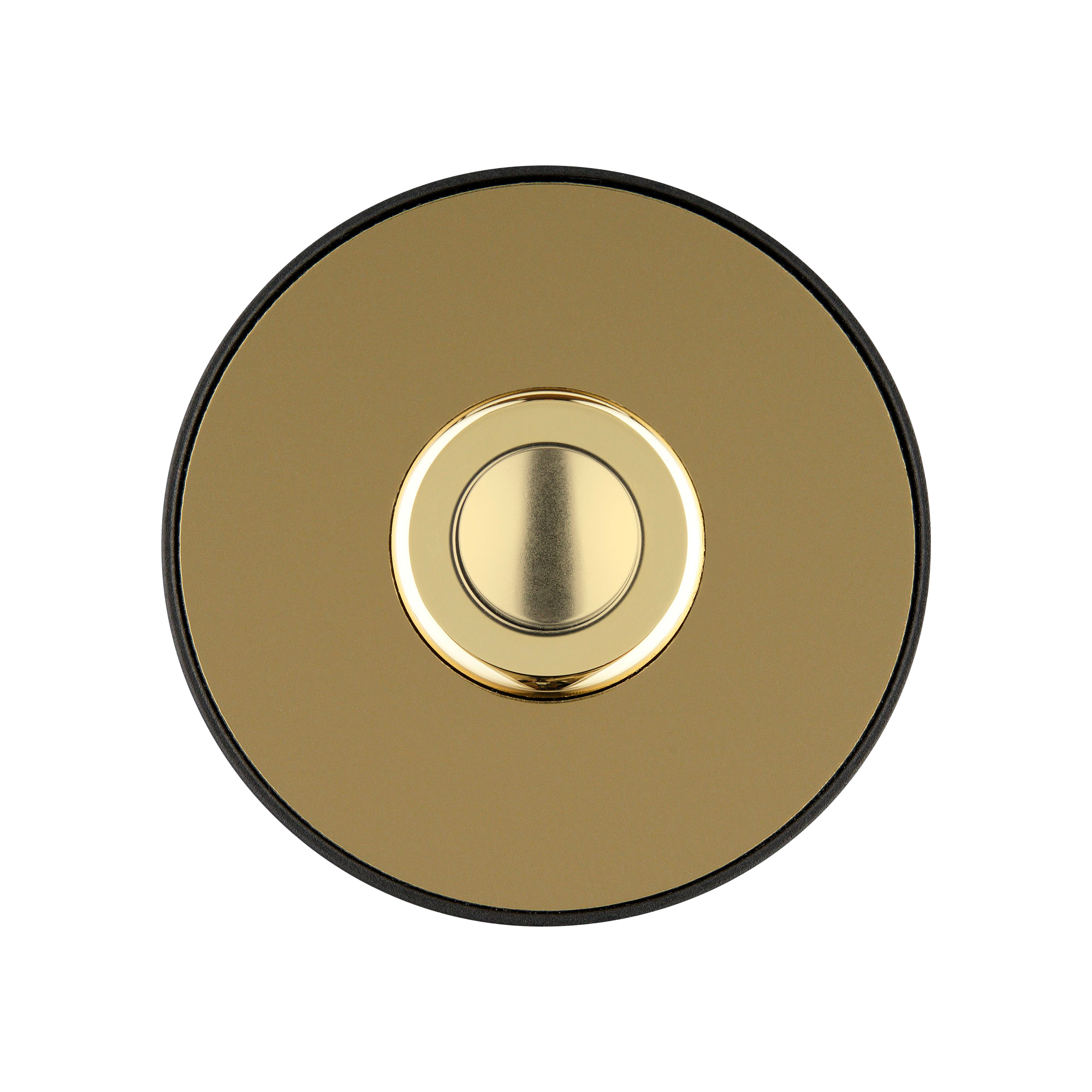 Runde Klingelplatte in Messingoptik mit mittigem goldfarbenem Drucktaster, schwarzer Rahmen, glänzende Frontansicht.