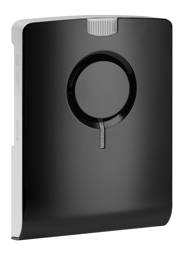 Schwarzer Funkgong mit seitlichem weißen Gehäuserand und ringförmiger Lautsprecheröffnung, schräg von vorn gezeigt.