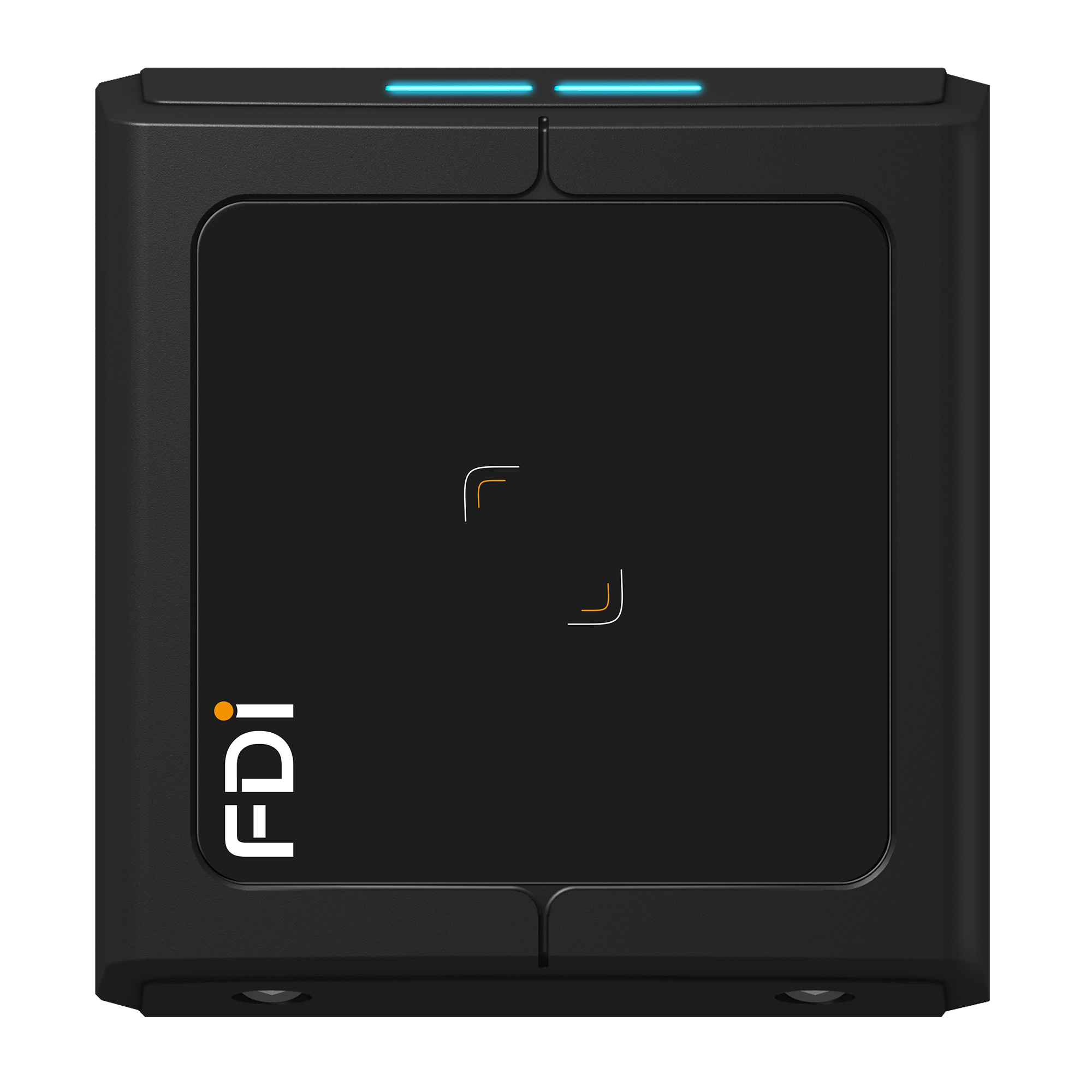 Schwarzes quadratisches Lesegerät mit FDI-Logo, mittigem RFID-Symbol und blauer LED-Anzeige am oberen Rand.